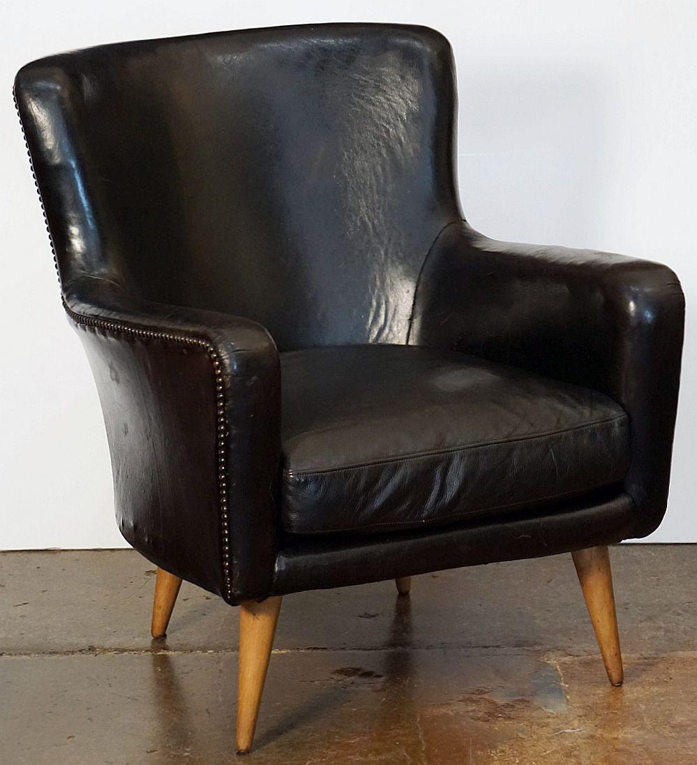 French Mid-Century Club or Lounge Chairs of Black Leather 1