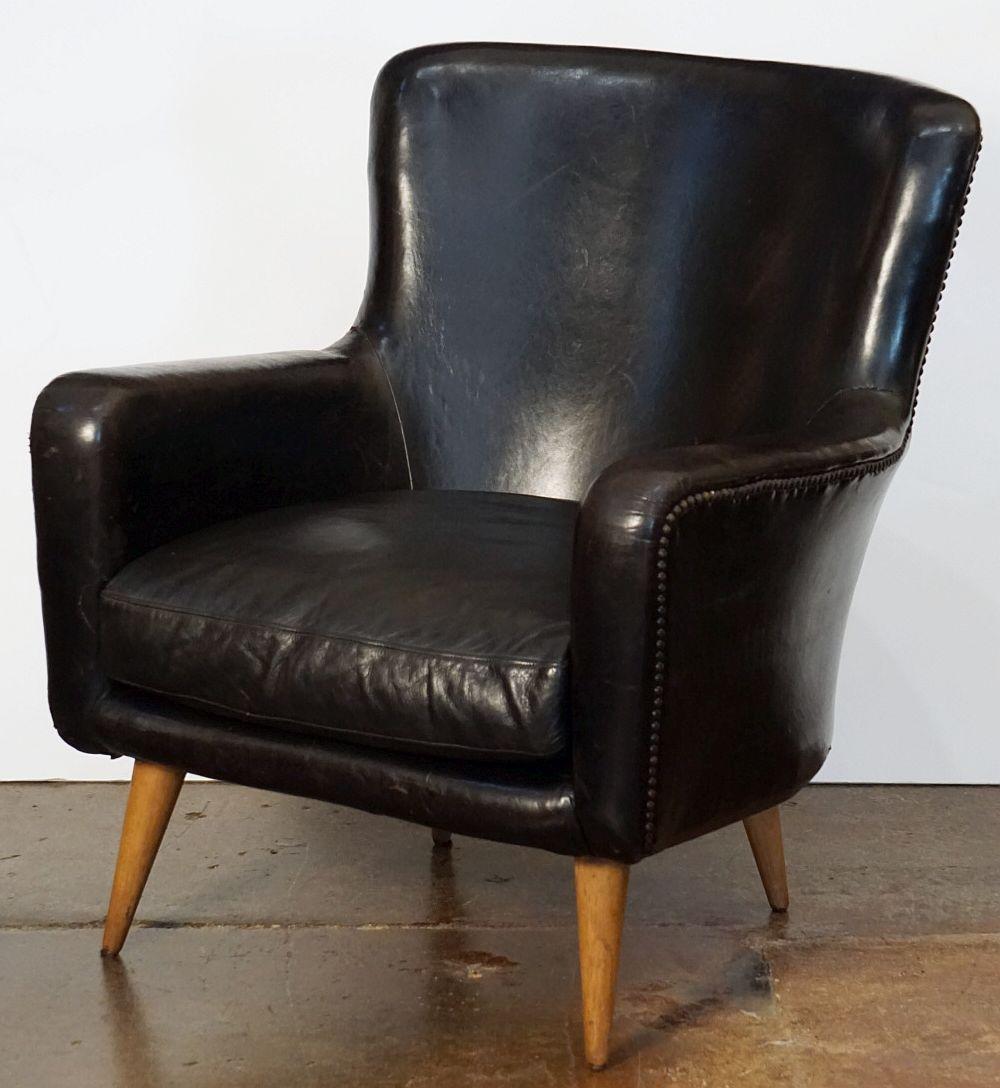 French Mid-Century Club or Lounge Chairs of Black Leather 2
