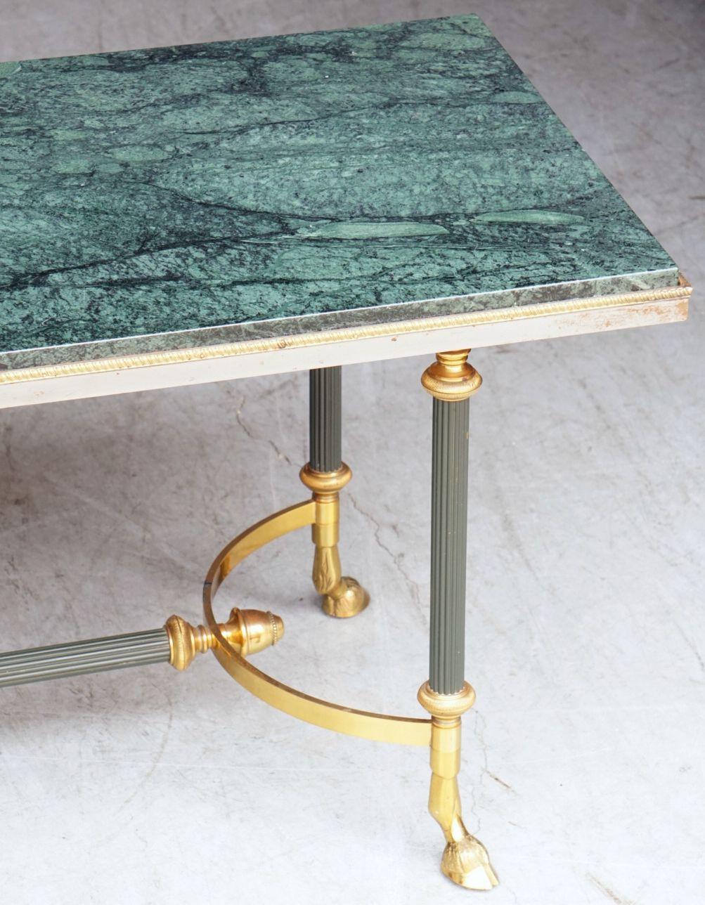 French Mid-Century Coffee or Cocktail Low Table of Brass with Green Marble Top For Sale 10