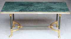 French Mid-Century Coffee or Cocktail Low Table of Brass with Green Marble Top