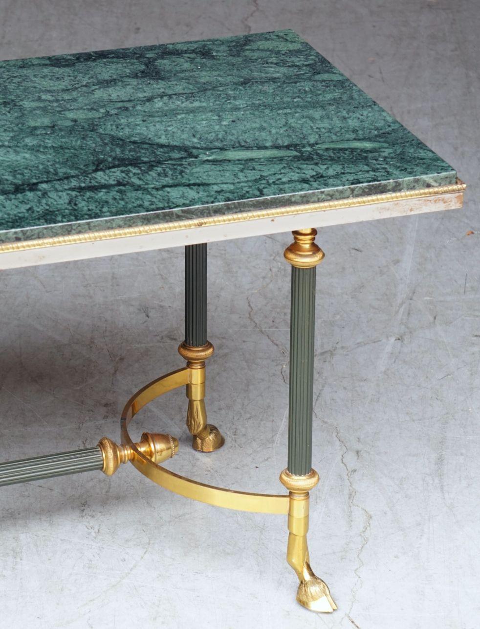 20th Century French Mid-Century Coffee or Cocktail Low Table of Brass with Green Marble Top For Sale