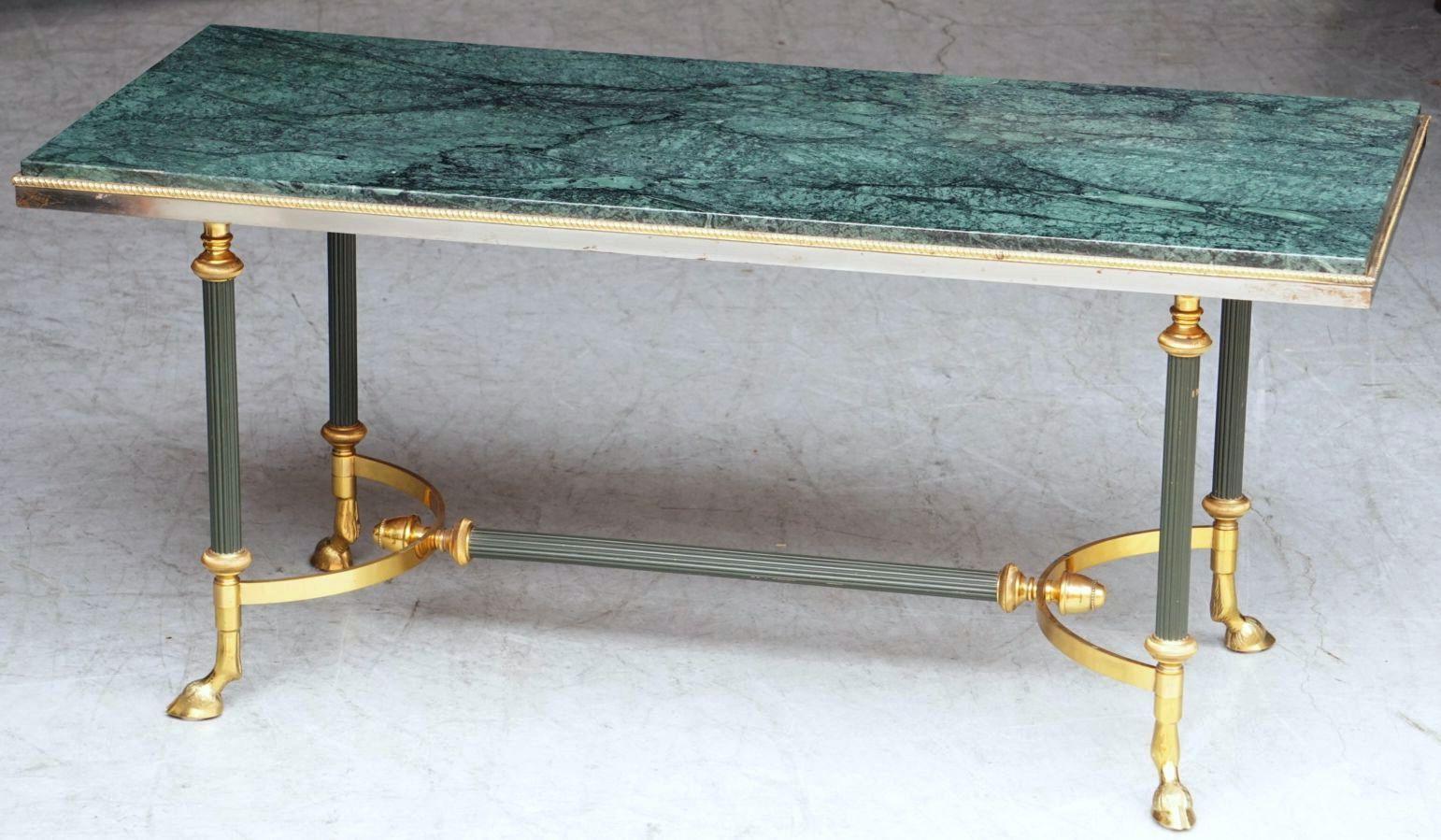 Metal French Mid-Century Coffee or Cocktail Low Table of Brass with Green Marble Top For Sale