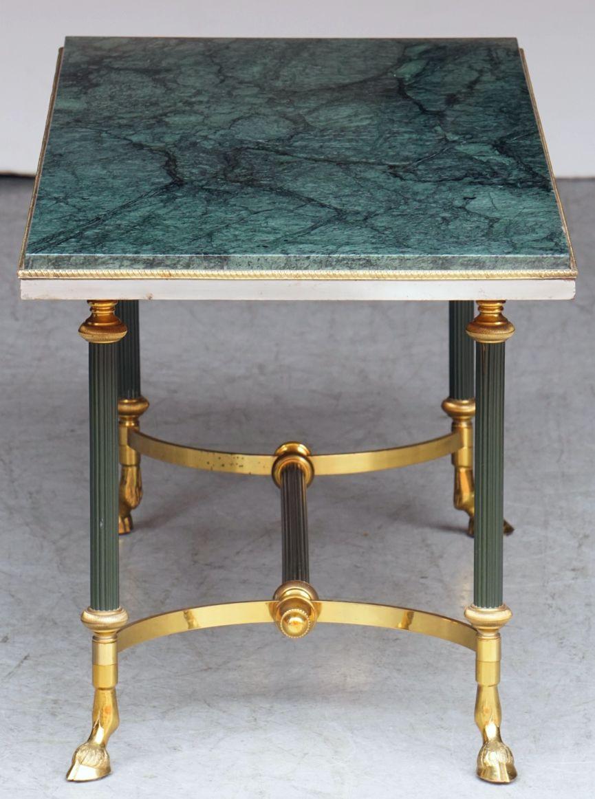 French Mid-Century Coffee or Cocktail Low Table of Brass with Green Marble Top For Sale 3