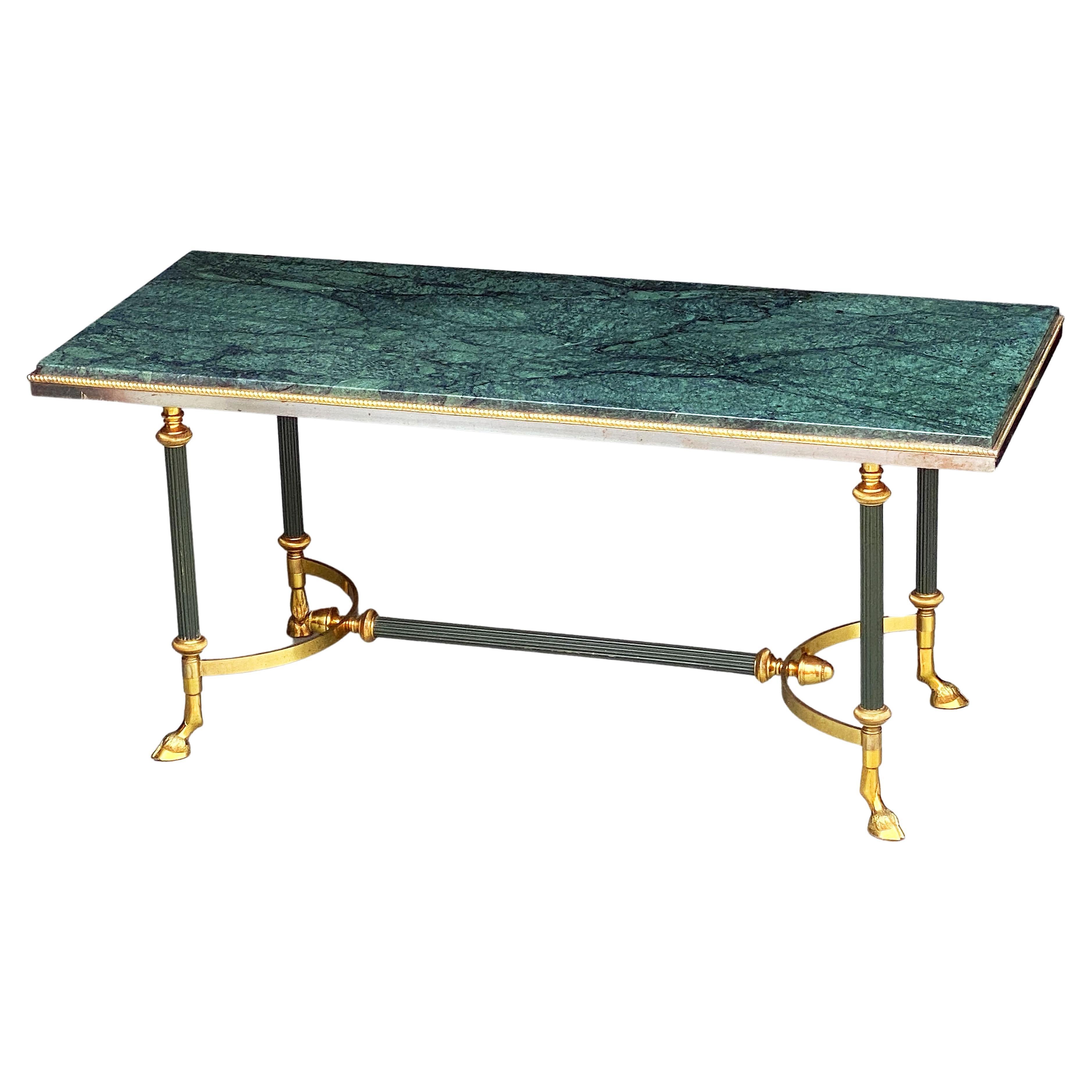 French Mid-Century Coffee or Cocktail Low Table of Brass with Green Marble Top For Sale