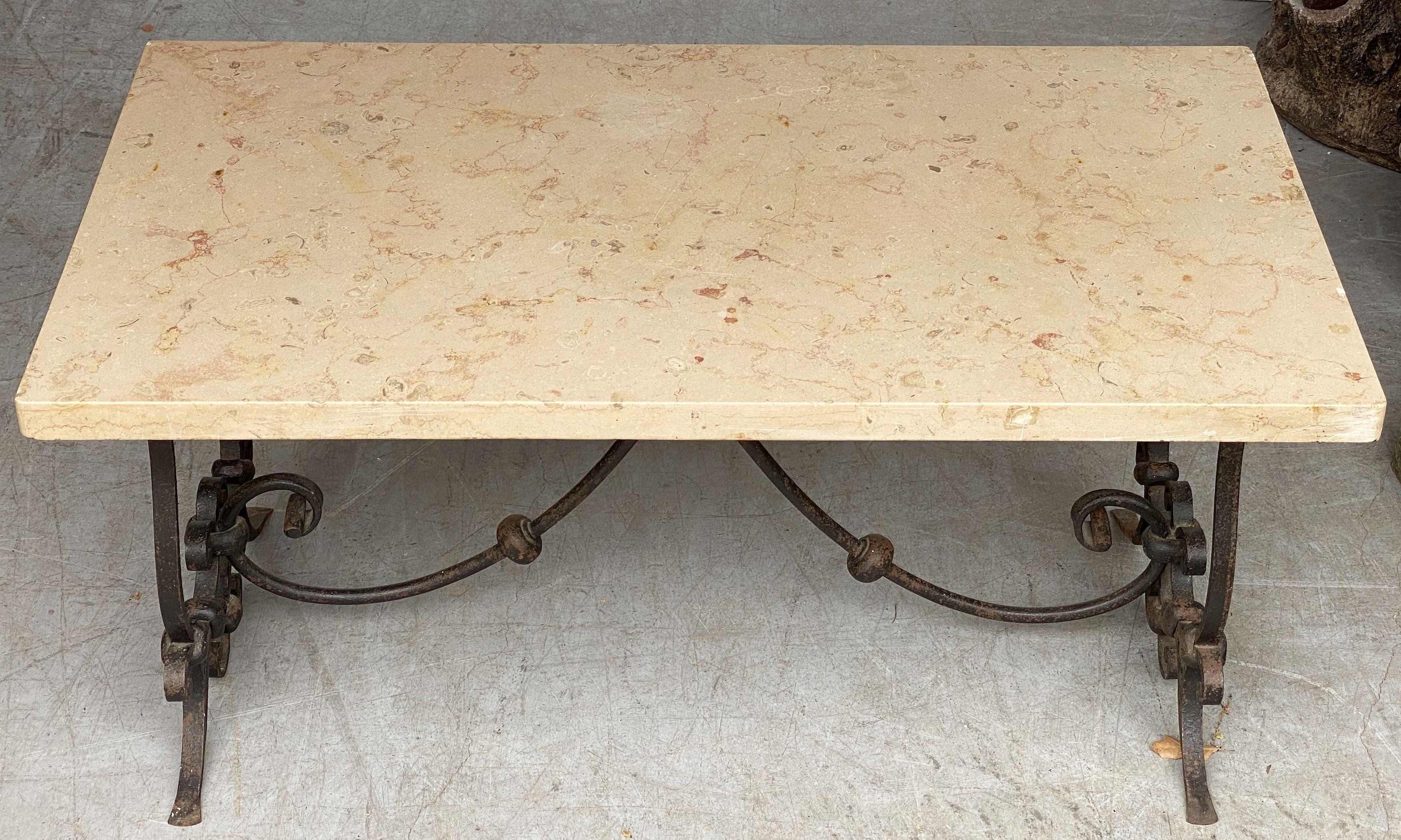 Metal French Mid-Century Coffee or Low Table with Wrought Iron Base and Marble Top For Sale