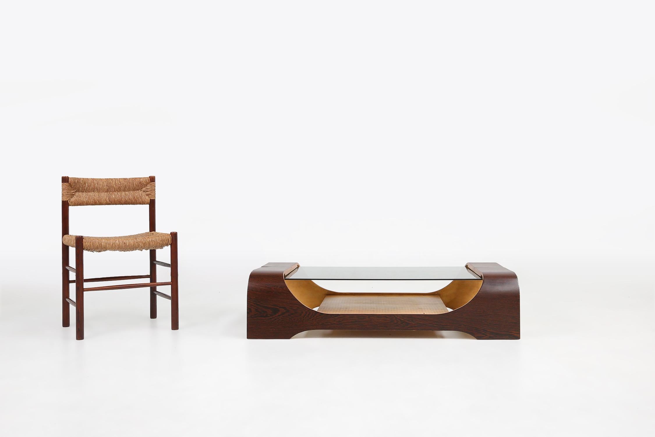 French mid-century coffee table in curved wenge plywood with glass top ...