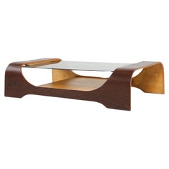French mid-century coffee table in curved wenge plywood with glass top, 1960s