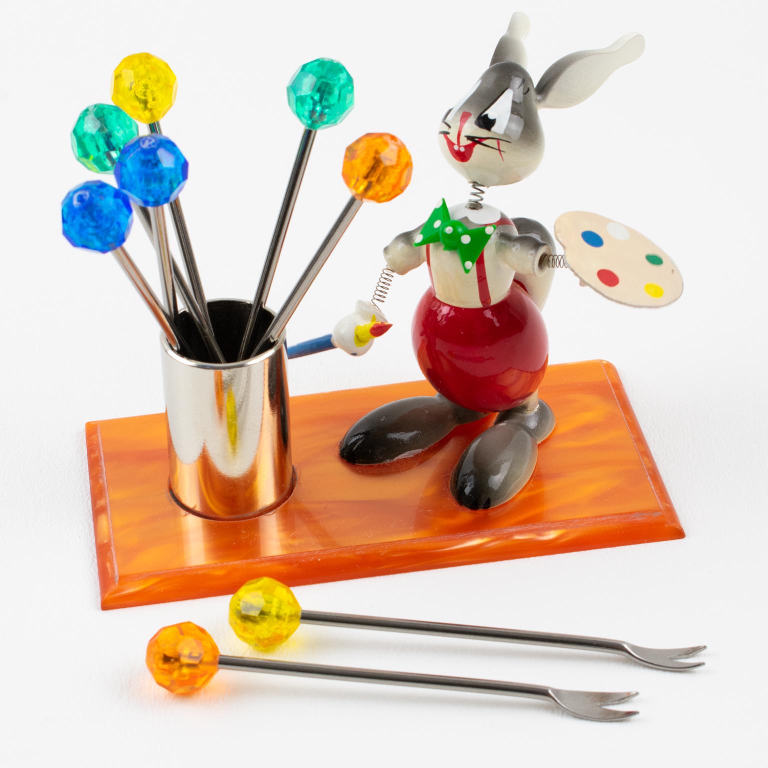 Mid-20th Century French Mid-Century Colorful Bunny Painter Cocktail Picks, 1960s