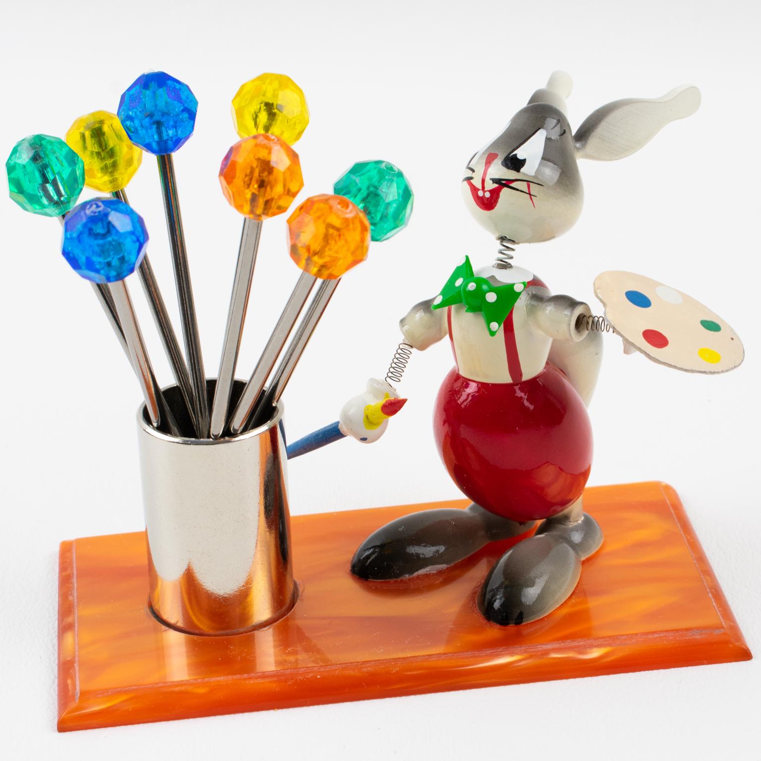 Metal French Mid-Century Colorful Bunny Painter Cocktail Picks, 1960s