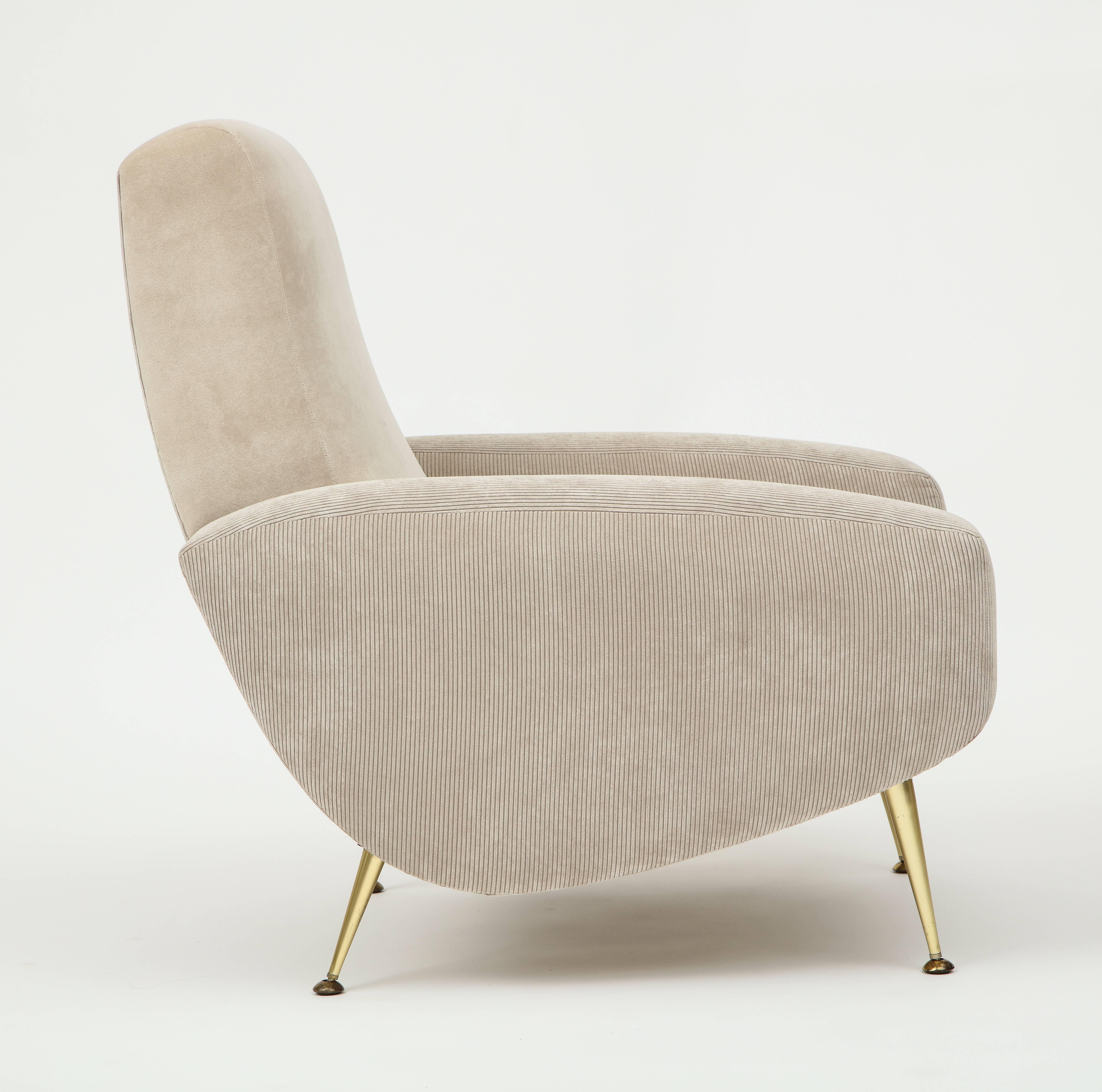 Mid-Century Modern French Midcentury Corduroy Velvet Grey Beige Lounge Chairs Brass Feet