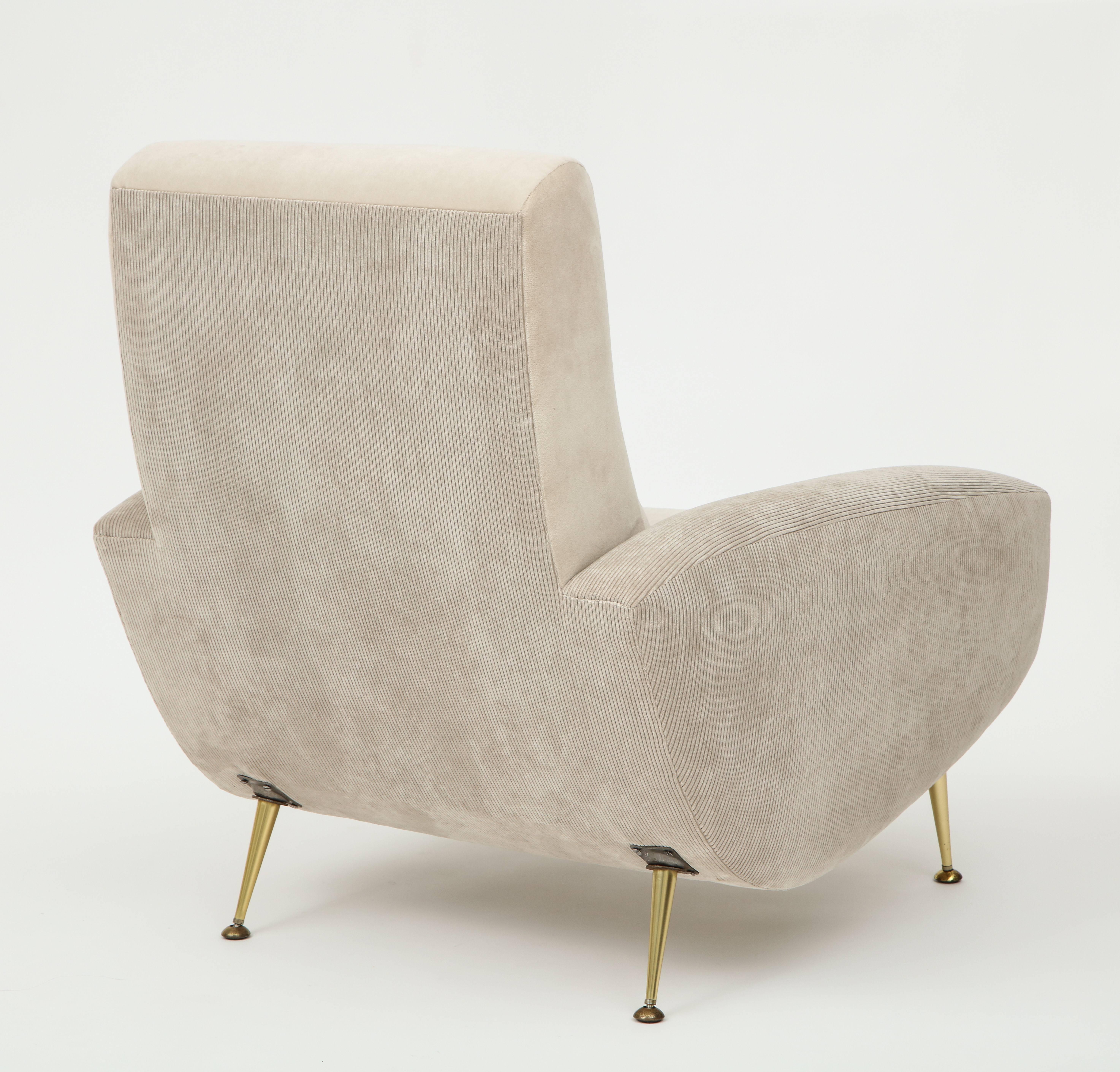 French Midcentury Corduroy Velvet Grey Beige Lounge Chairs Brass Feet In Good Condition In New York, NY