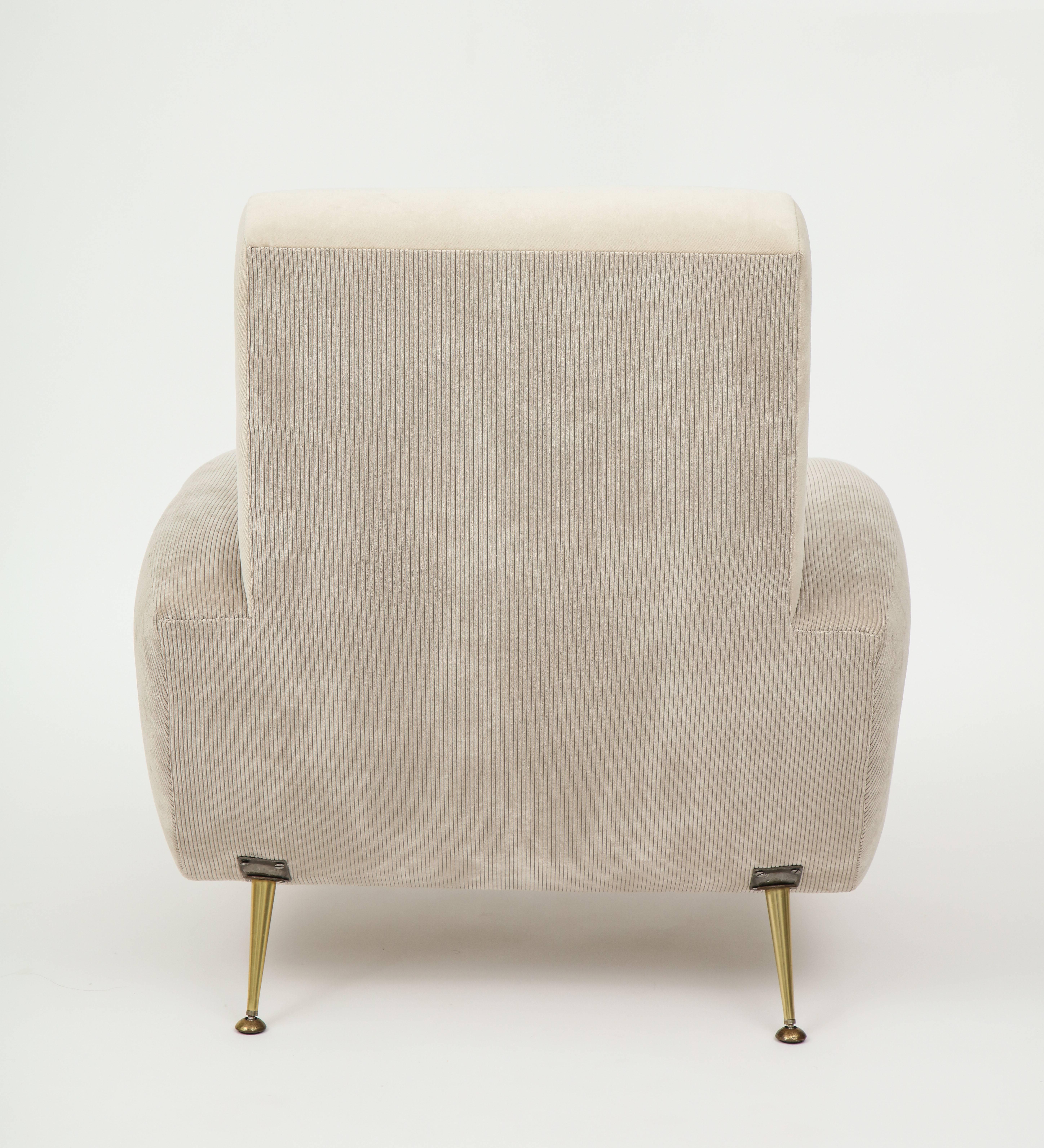 20th Century French Midcentury Corduroy Velvet Grey Beige Lounge Chairs Brass Feet
