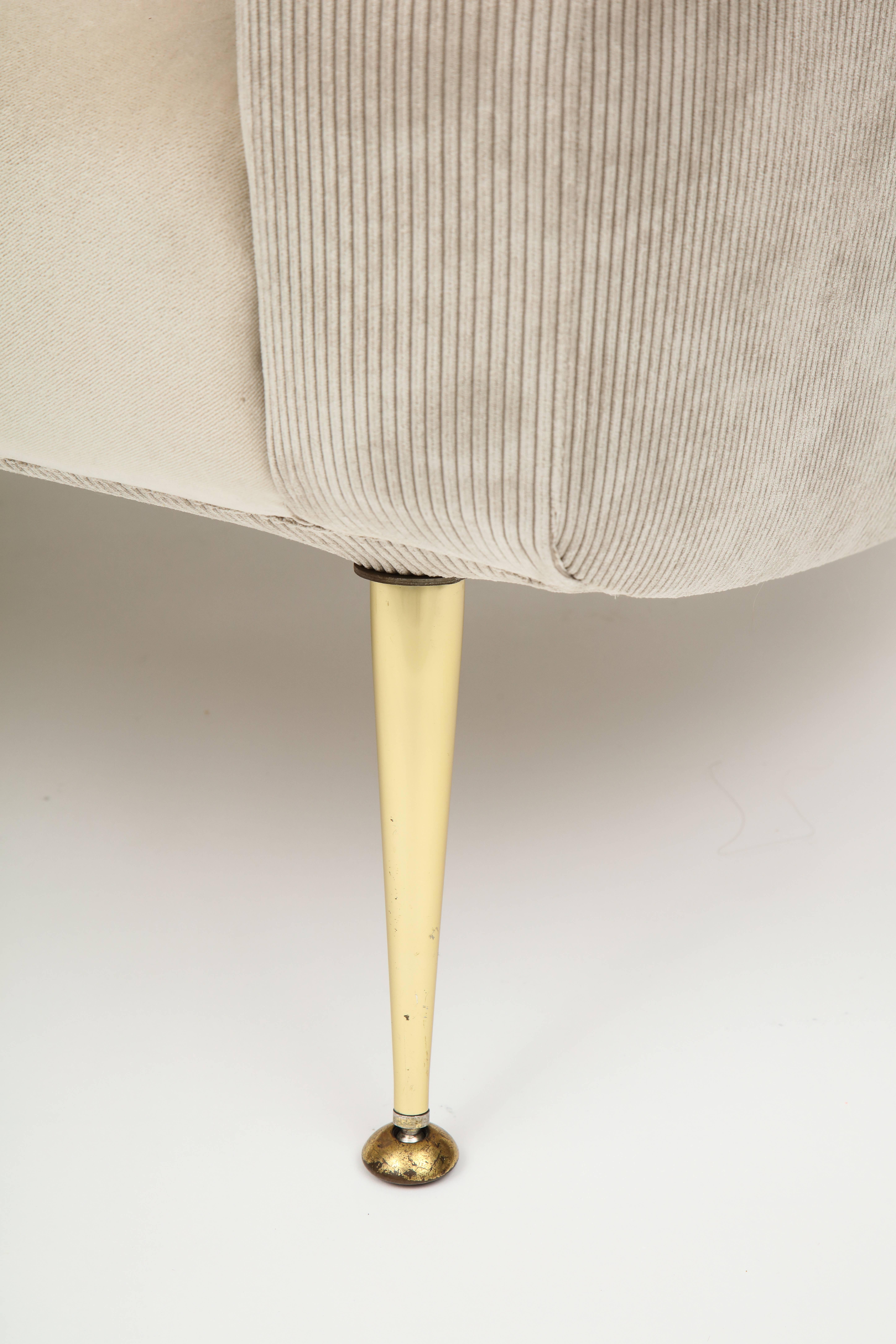 French Midcentury Corduroy Velvet Grey Beige Lounge Chairs Brass Feet 1