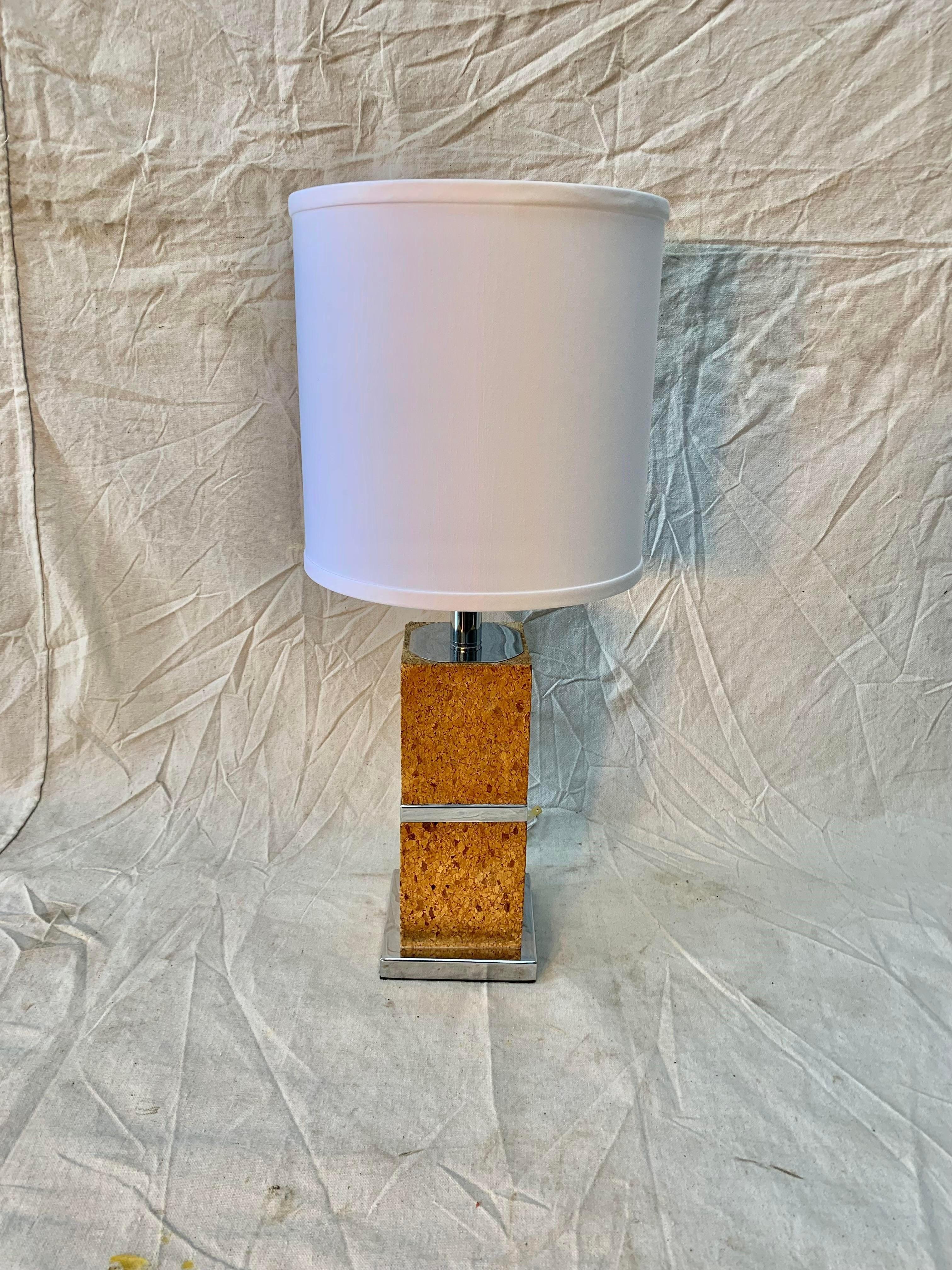 French Midcentury Cork and Chrome Table Lamp For Sale 8