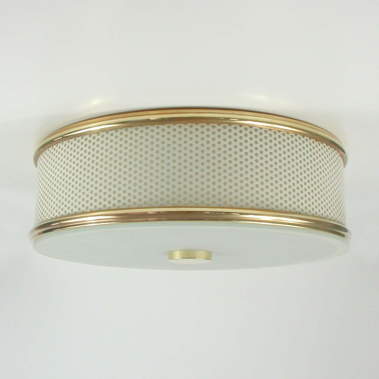Frosted French Midcentury Cream White and Brass Matégot Style Flushmount, 1950s