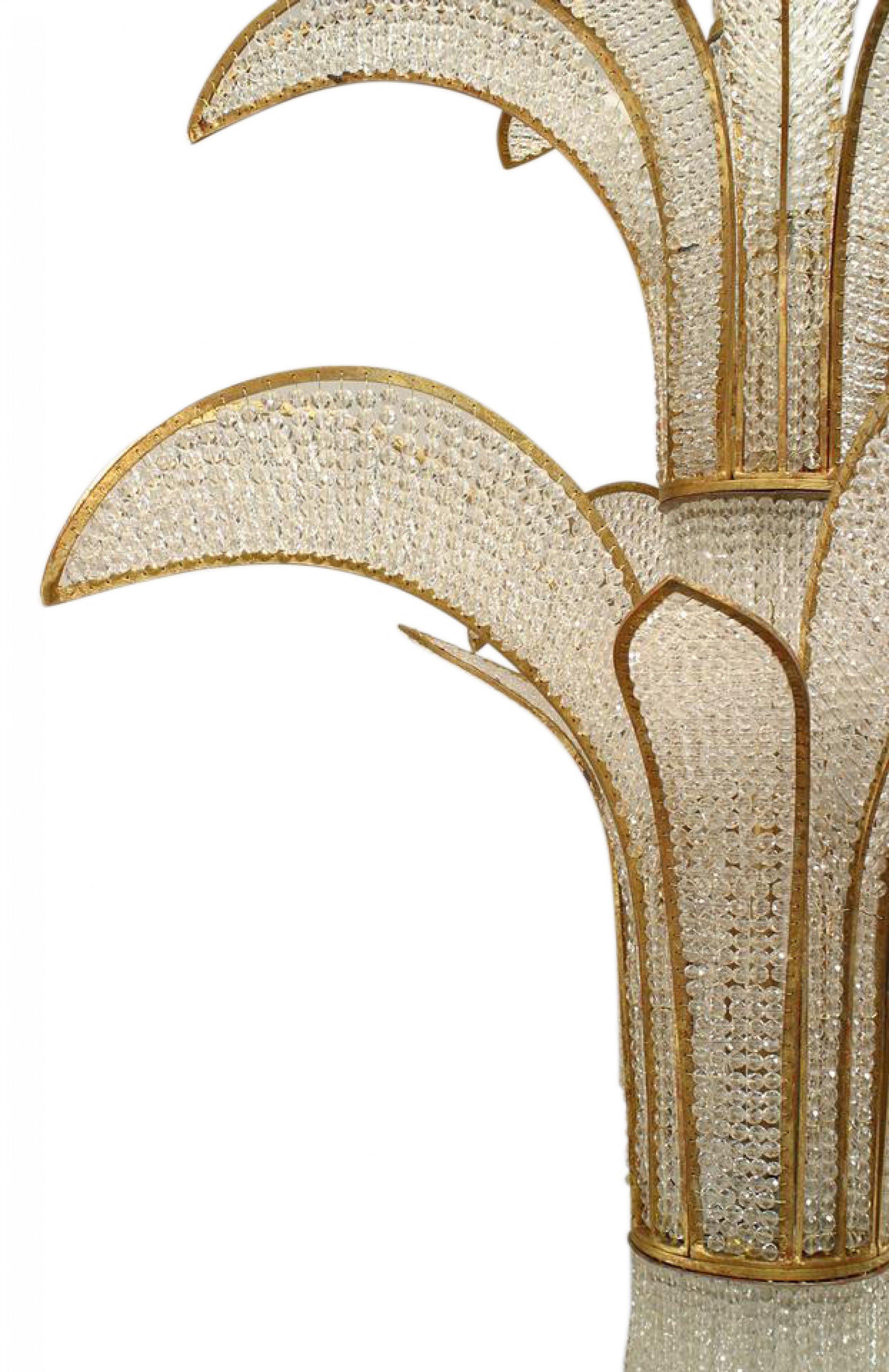 French Mid-Century (1940s) style beaded crystal and gilt metal palm design 2-tier chandelier (In the manner of MAISON BAGUES)