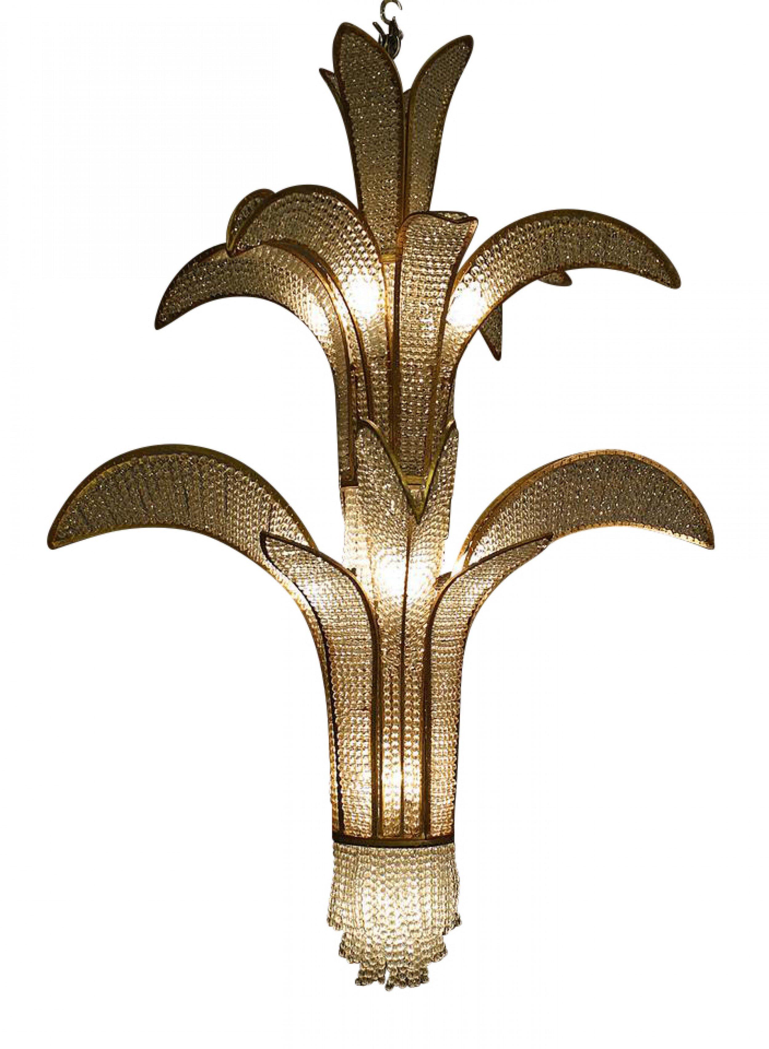 Mid-Century Modern French Mid-Century Crystal and Gilt Metal Palm Chandelier For Sale