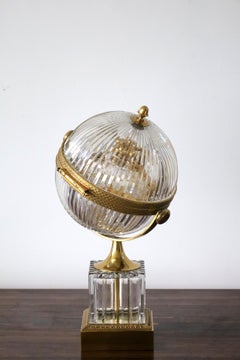 French Mid-Century Crystal Globe Liquor Cabinet, Cut Glass & Gilt Brass, 1960s