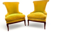 French Mid century curved back Yellow Velvet Armchairs -  France 1950s