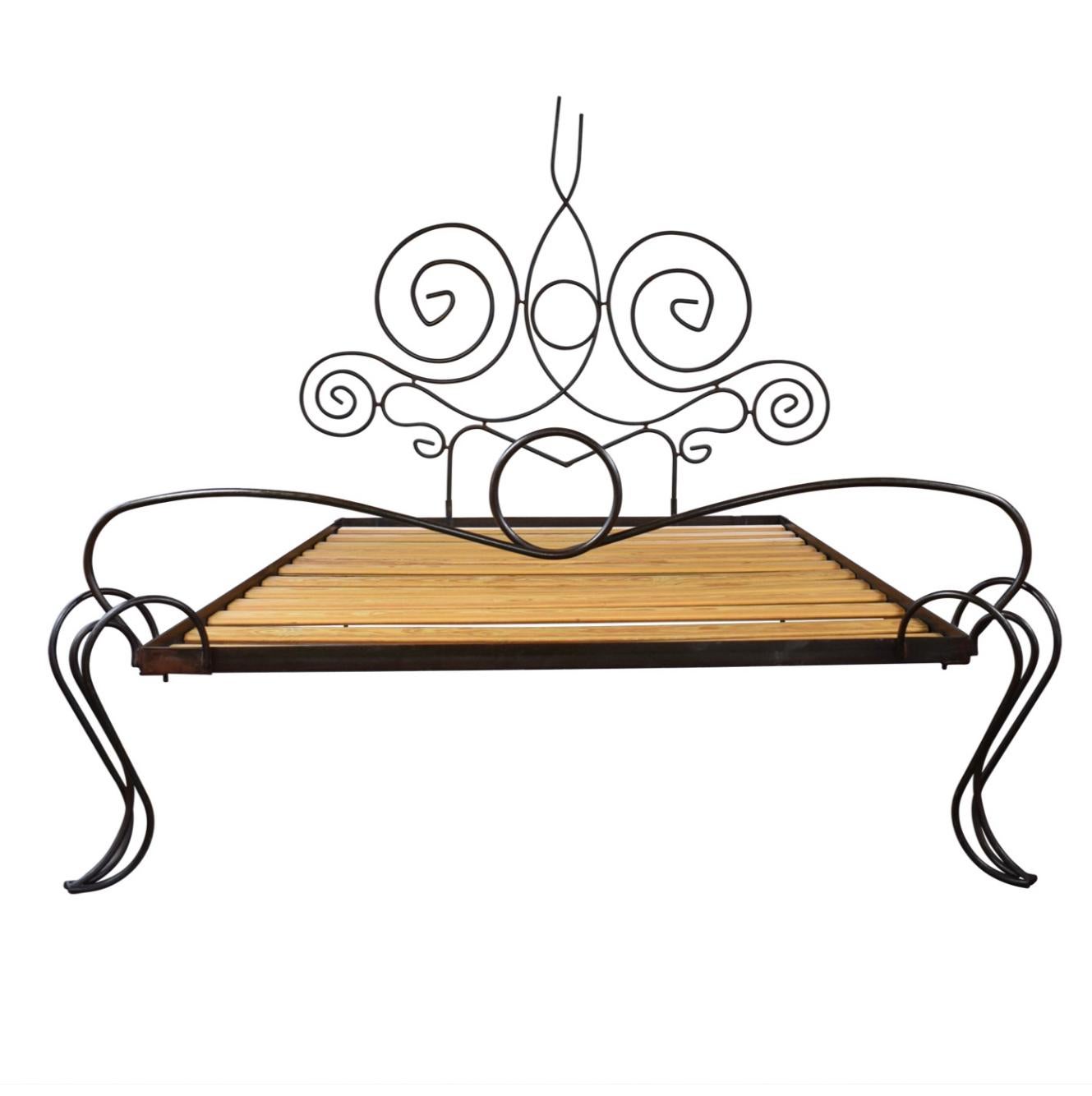 Gorgeous custom wrought iron bed frame with wood slats. Whimsical, freshly modern take on the grand French tradition.
