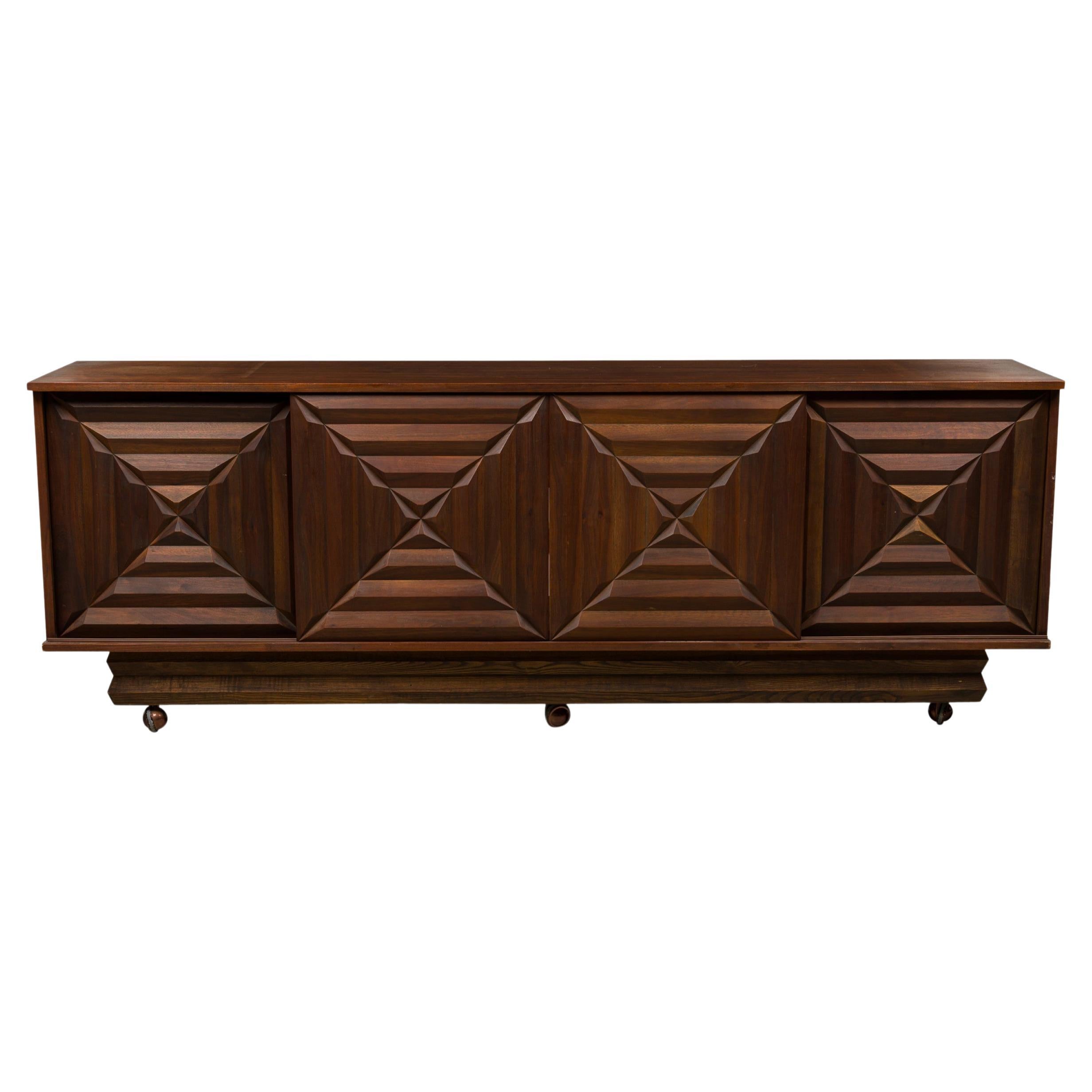 French Mid-Century Dark Walnut Four-Door Credenza Style of Maxime Old