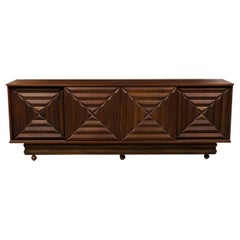 French Mid-Century Dark Walnut Four-Door Credenza Style of Maxime Old