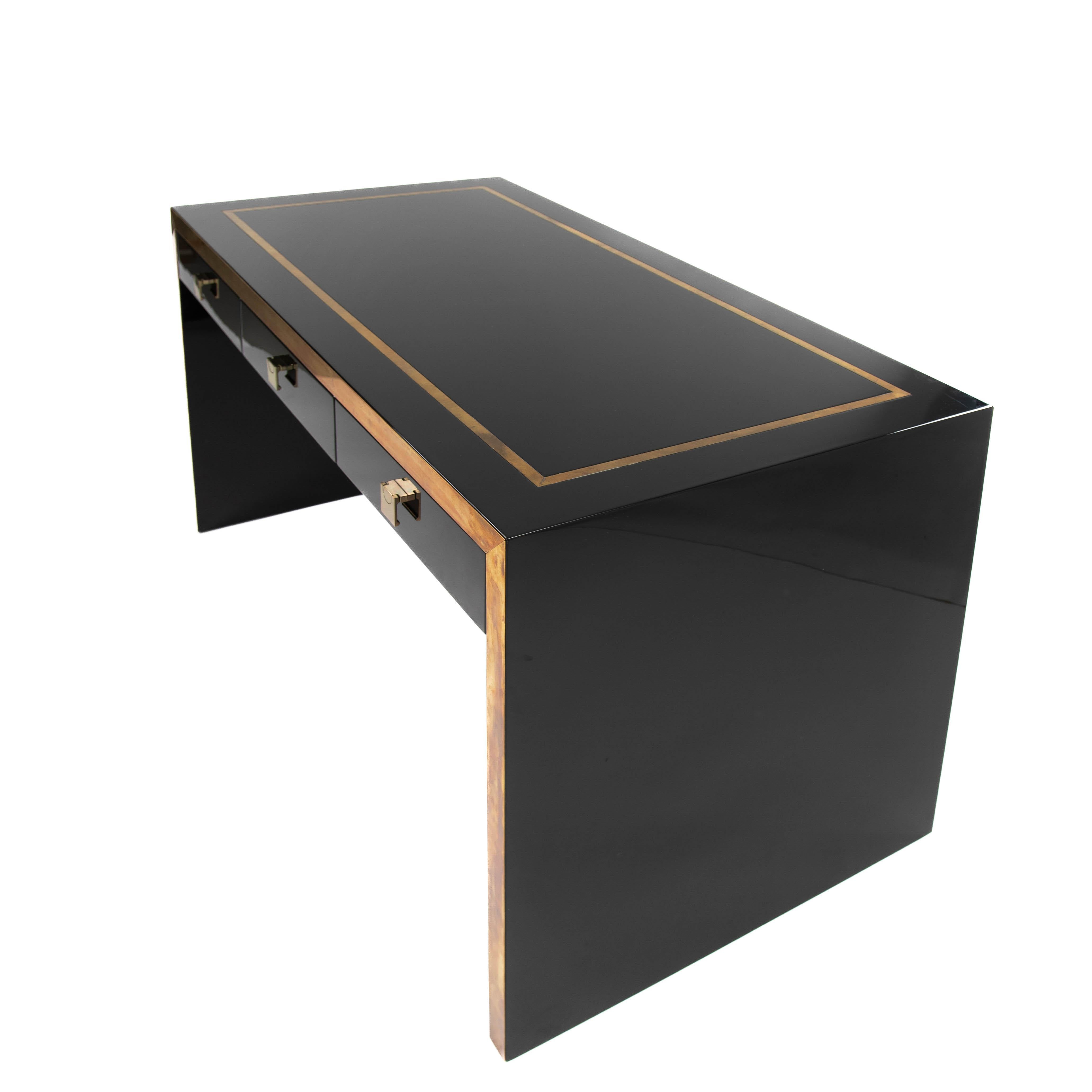 Mid-Century Modern French Mid-Century Desk in Black Lacquer with Brass Details by Jean Claude Mahey