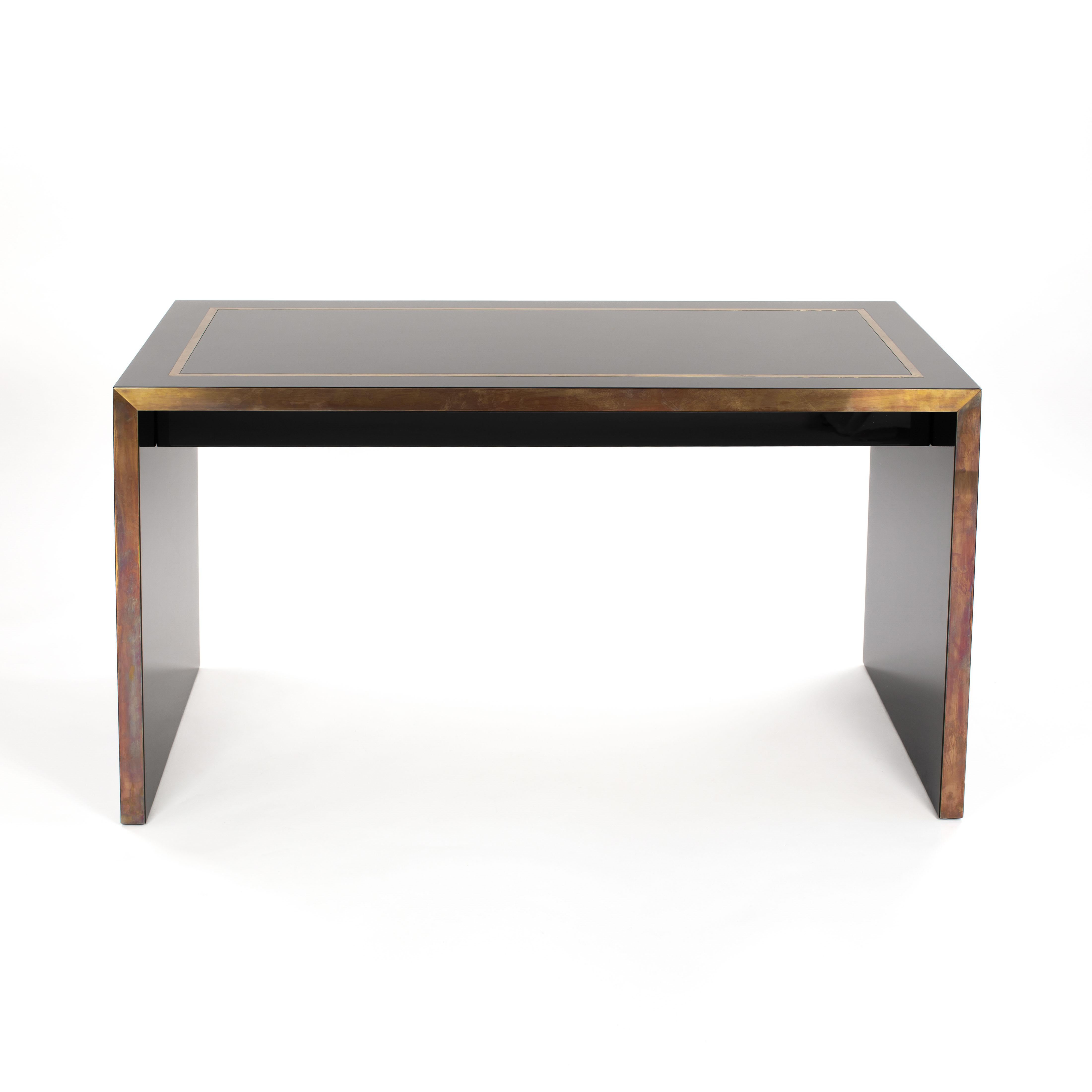 Inlay French Mid-Century Desk in Black Lacquer with Brass Details by Jean Claude Mahey For Sale