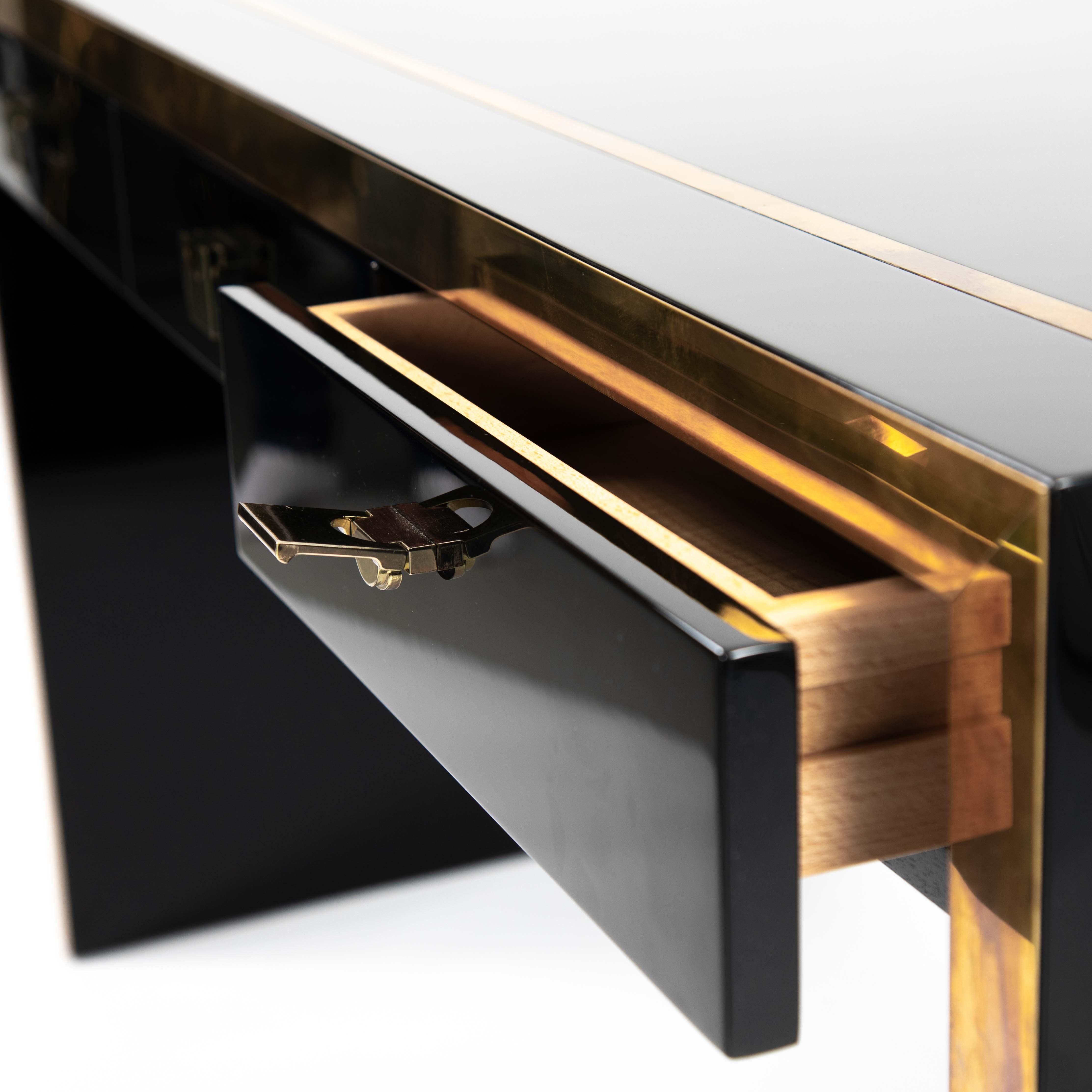 Late 20th Century French Mid-Century Desk in Black Lacquer with Brass Details by Jean Claude Mahey