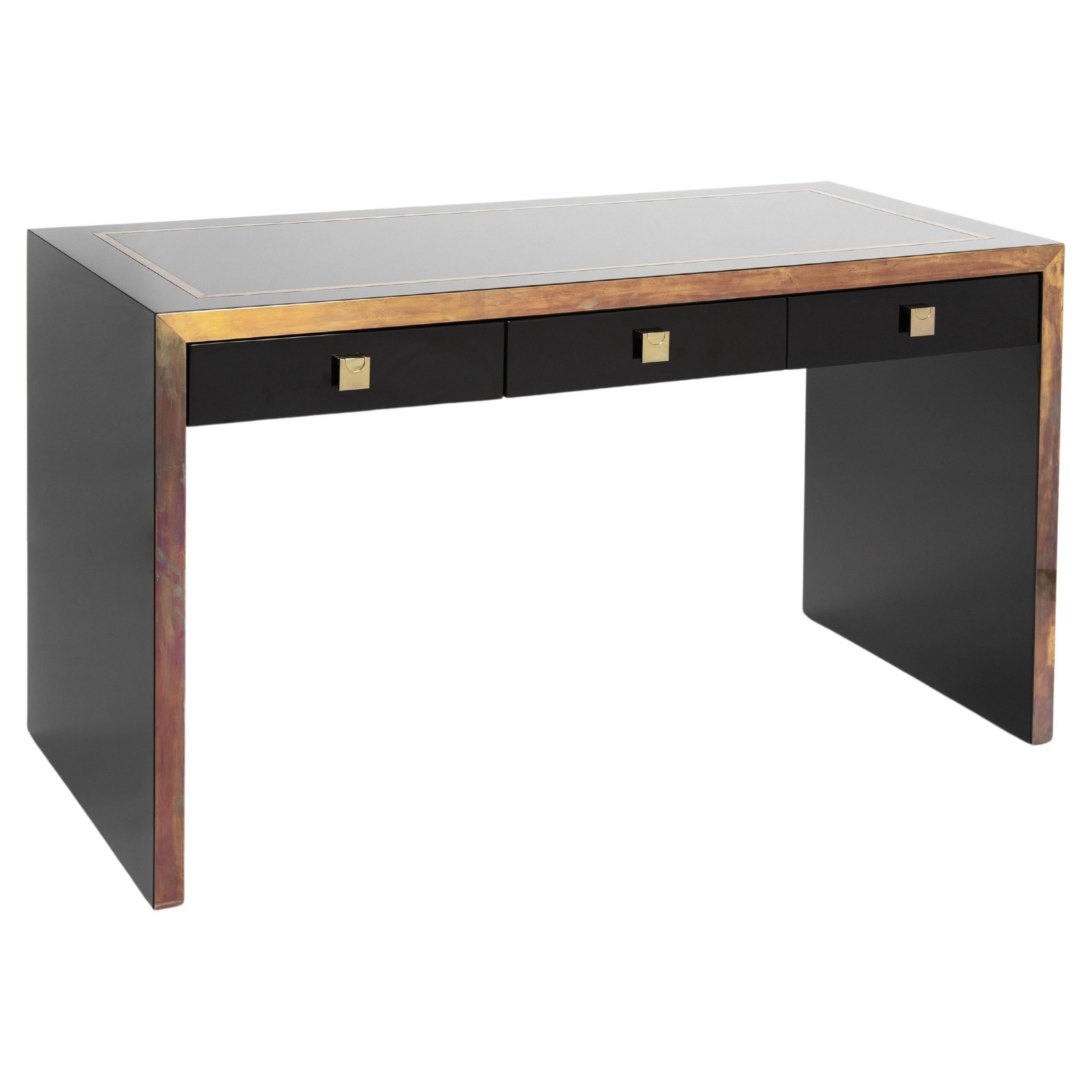 French Mid-Century Desk in Black Lacquer with Brass Details by Jean Claude Mahey For Sale