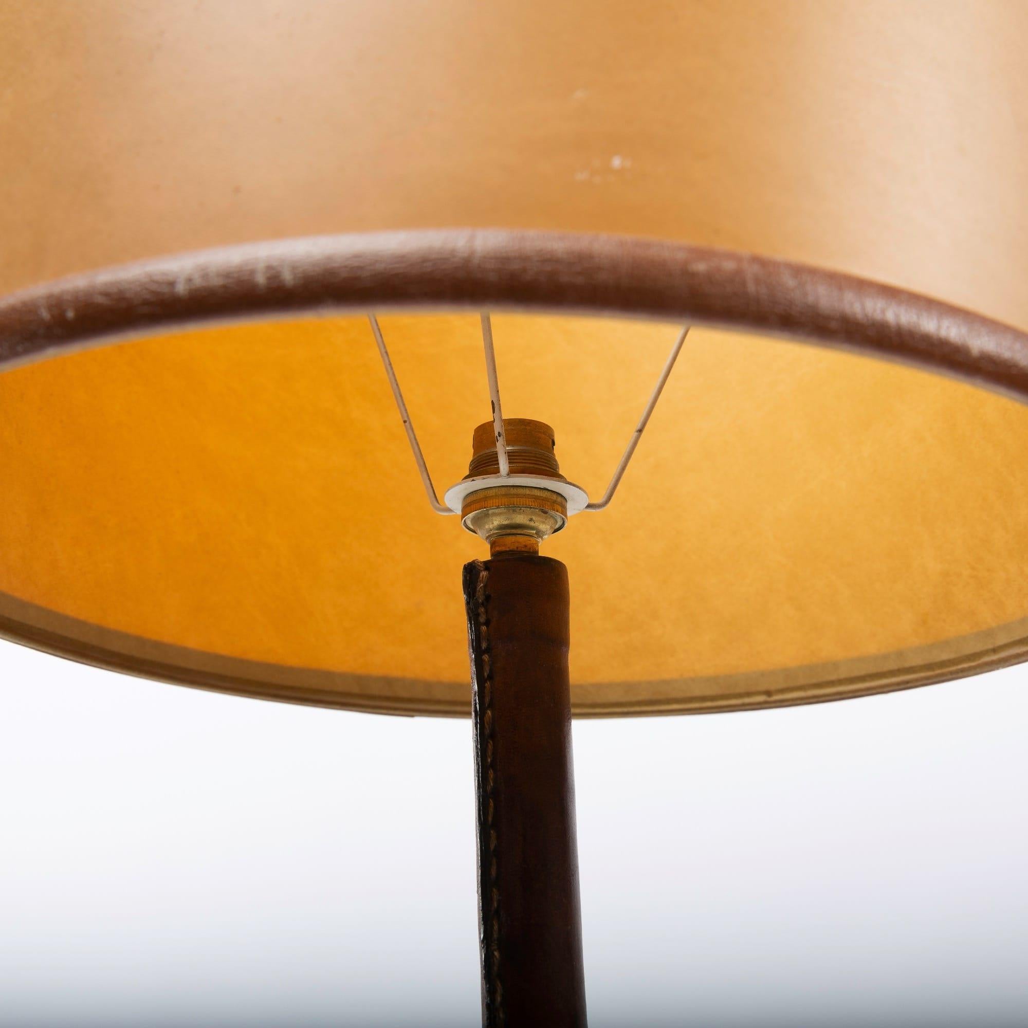 French Midcentury Desk Lamp, Jacques Adnet, Steel, Tan Leather, Brass 1