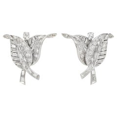 French Mid-Century Diamond and Platinum Clip Earrings of Overlapping Leaf Design