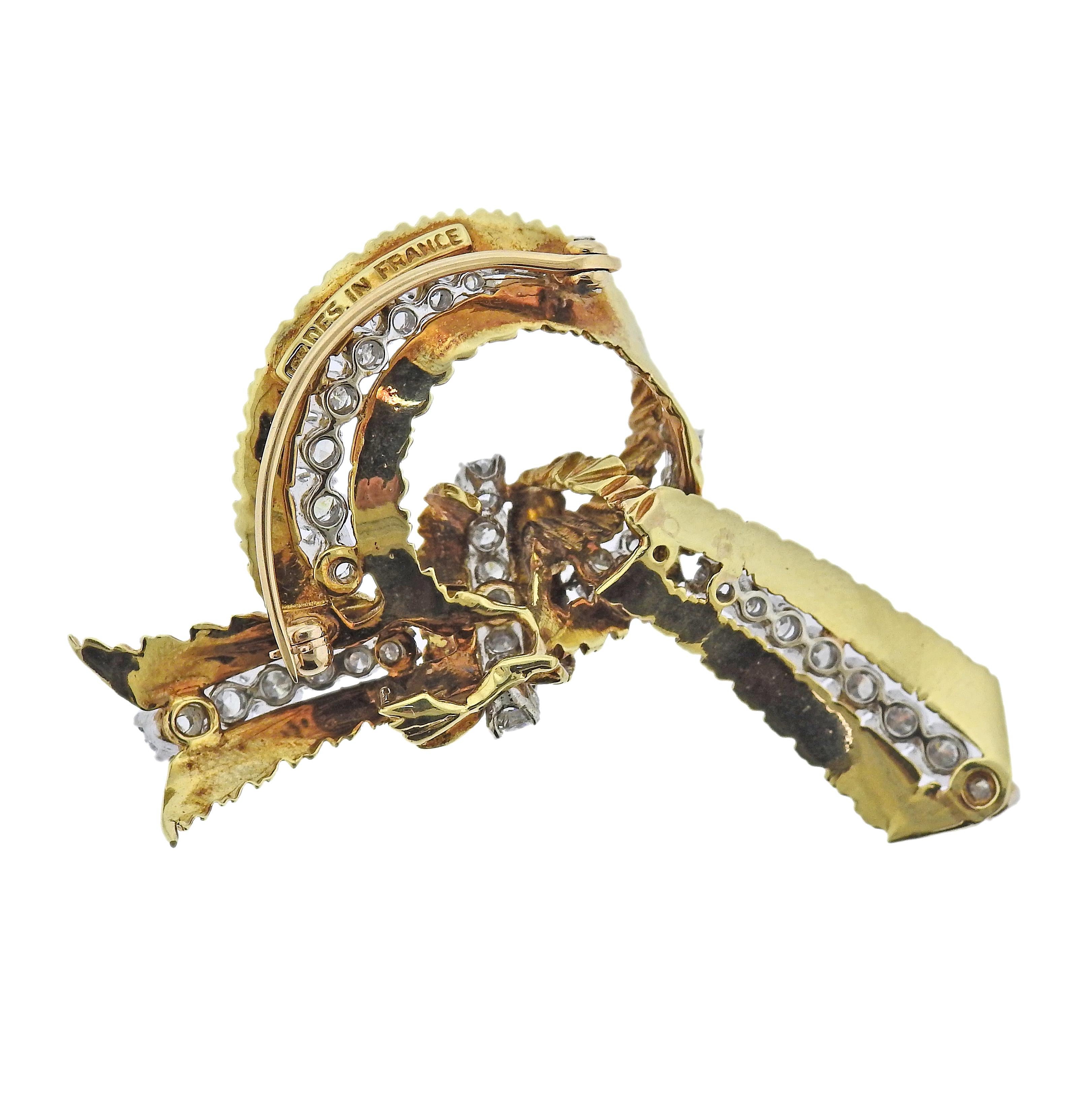 Mid Century 18k gold French made brooch, with approx. 2.50ctw H/VS-Si1 diamonds. Brooch measures 2.25