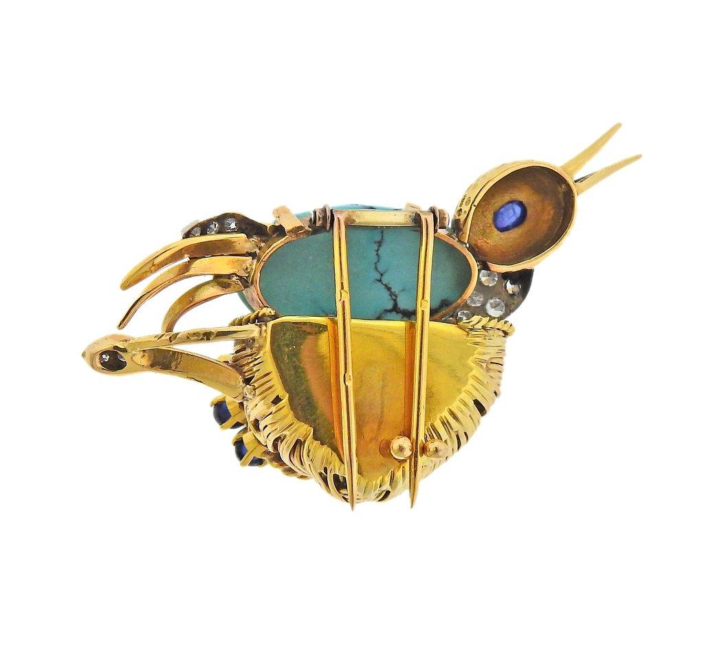 French Mid Century Diamond Ruby Sapphire Turquoise Gold Bird Brooch In Excellent Condition For Sale In Lambertville, NJ