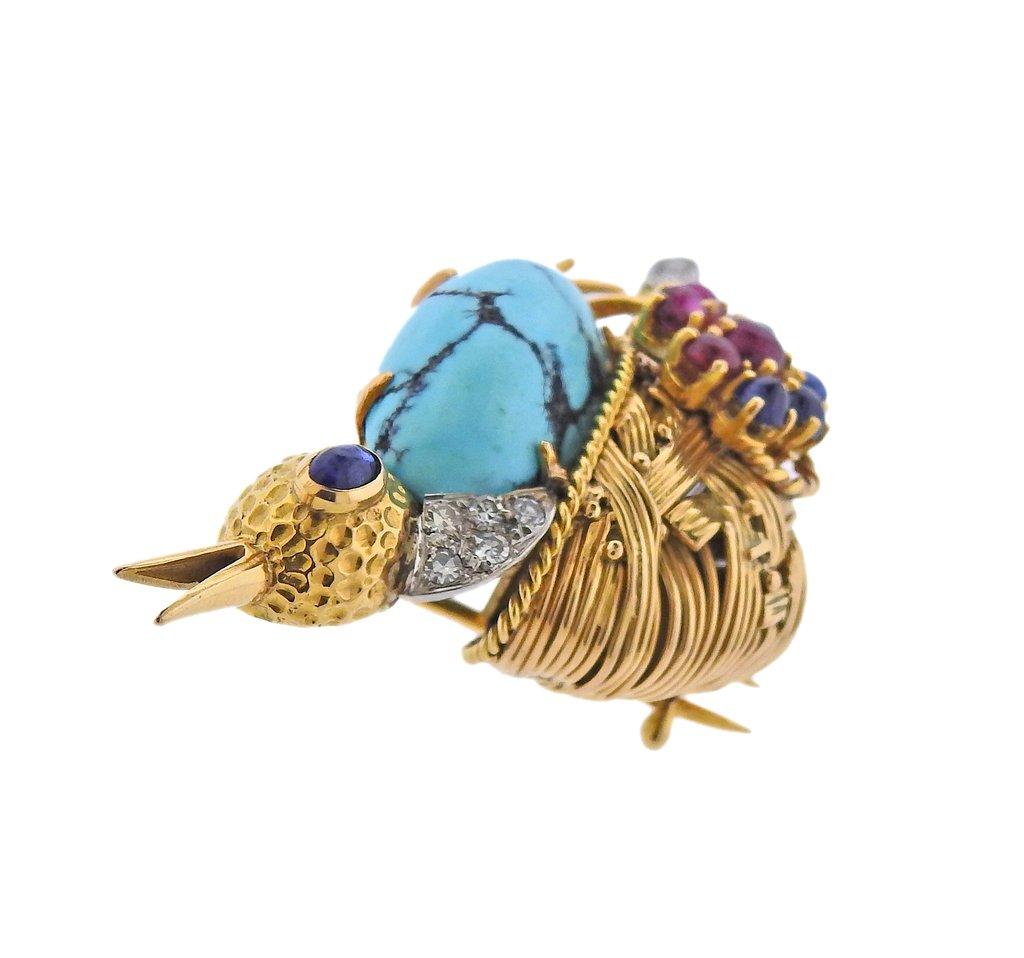 Women's French Mid Century Diamond Ruby Sapphire Turquoise Gold Bird Brooch For Sale