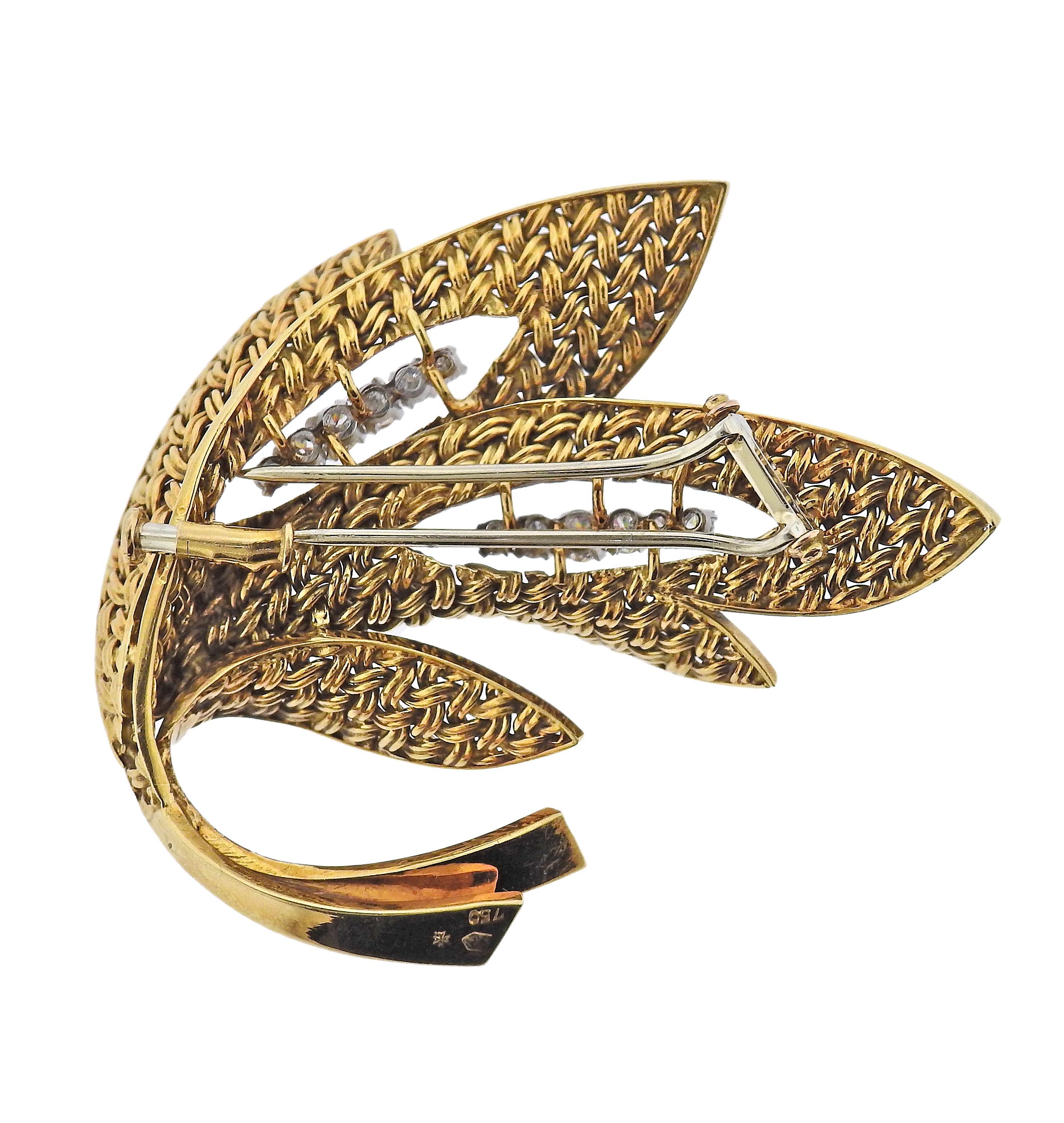 French made, Midcentury 18k gold brooch, with approx. 0.50ctw in diamonds. Brooch measures 50mm x 38mm. Marked: 750, French hallmarks. Weight - 20.4 grams.