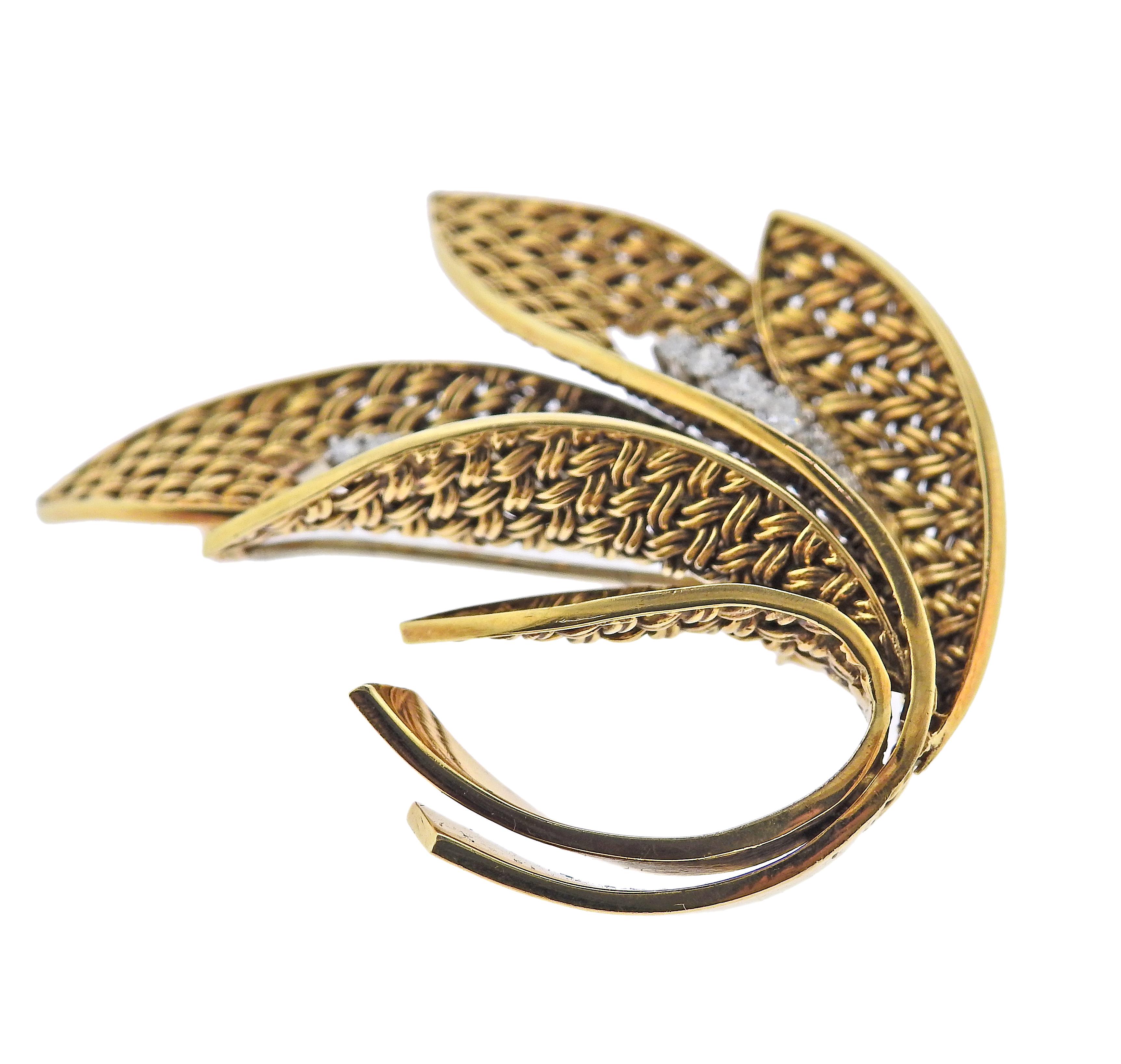 Round Cut French Mid Century Diamond Yellow Gold Brooch Pin For Sale