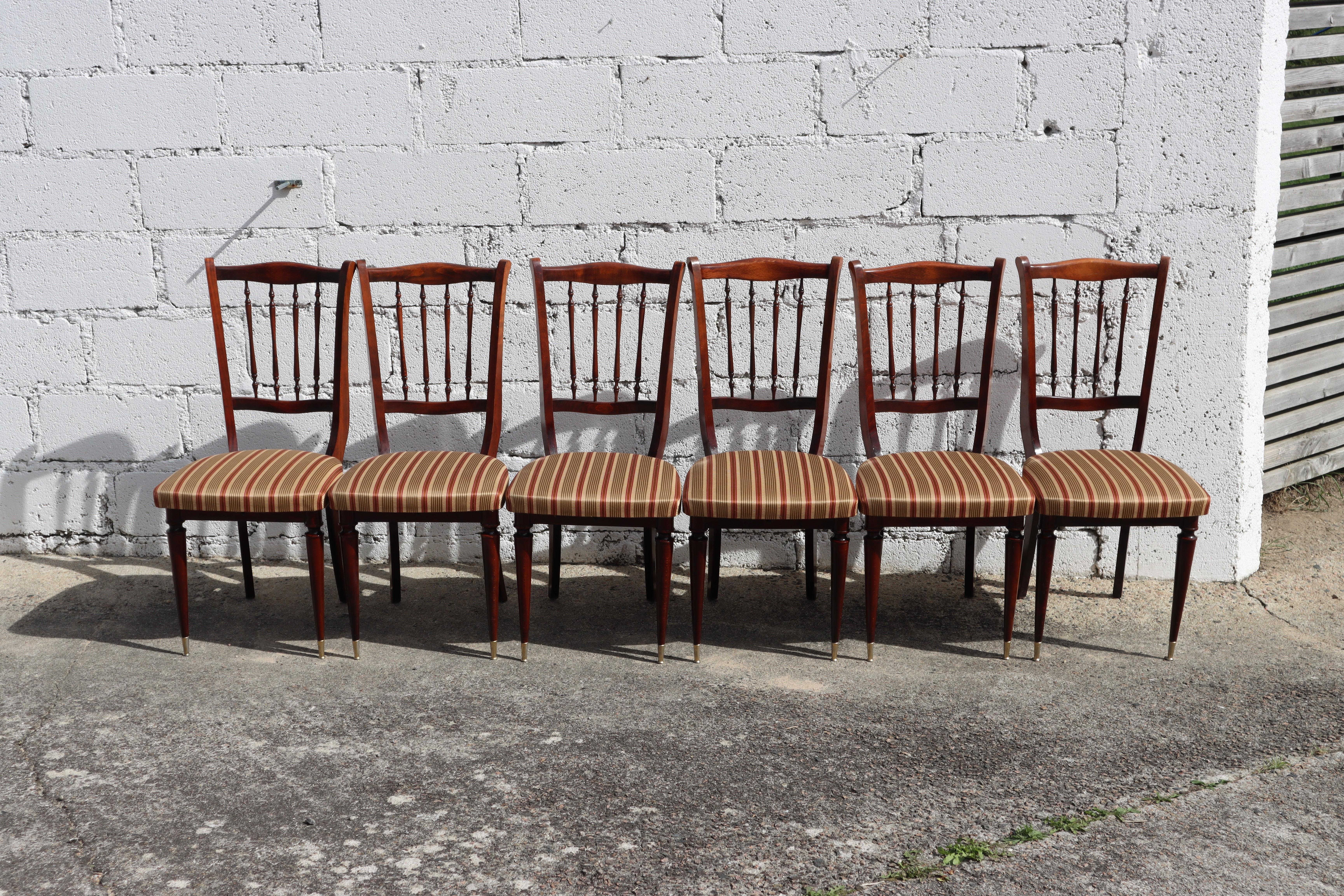 Mid-Century Modern French Mid-Century Dining Chairs-Set of 6 upholstered Mahogany Dining Chairs-60s