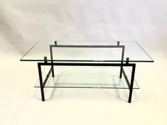 French Mid-Century Double Tier Steel & Glass Cocktail Table by Pierre Guariche