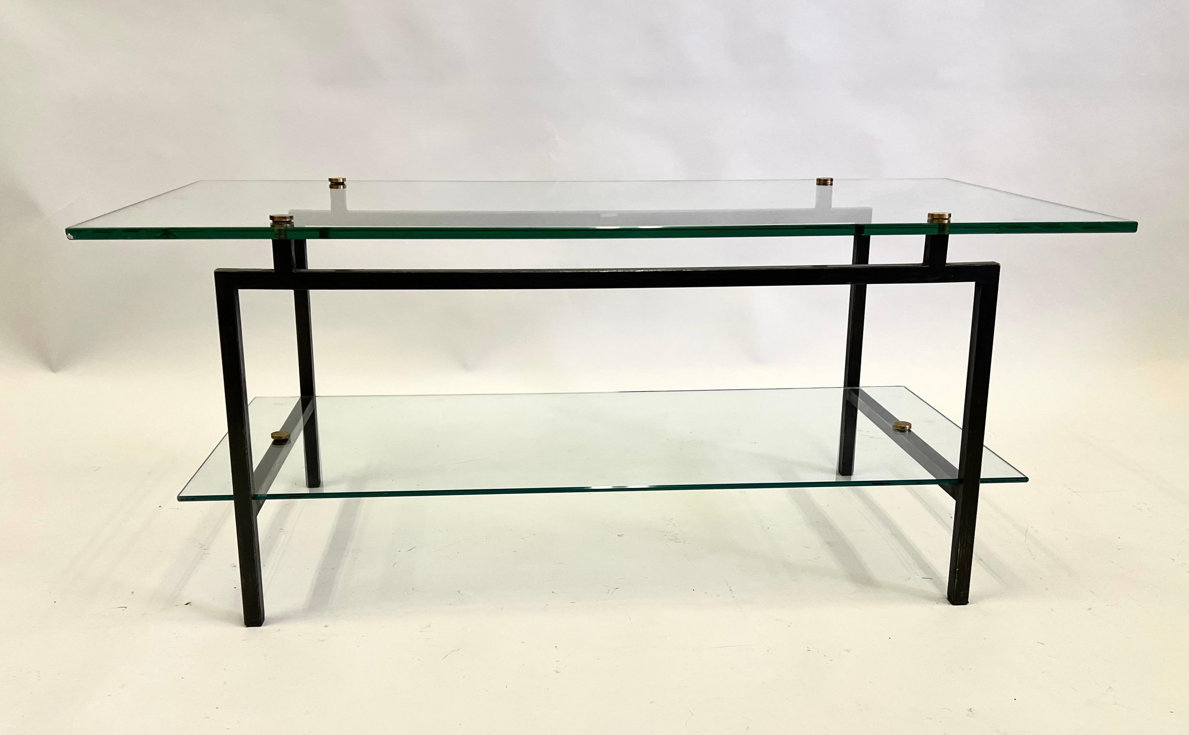 French Mid-Century Double Tier Steel & Glass Cocktail Table by Pierre Guariche In Good Condition For Sale In New York, NY
