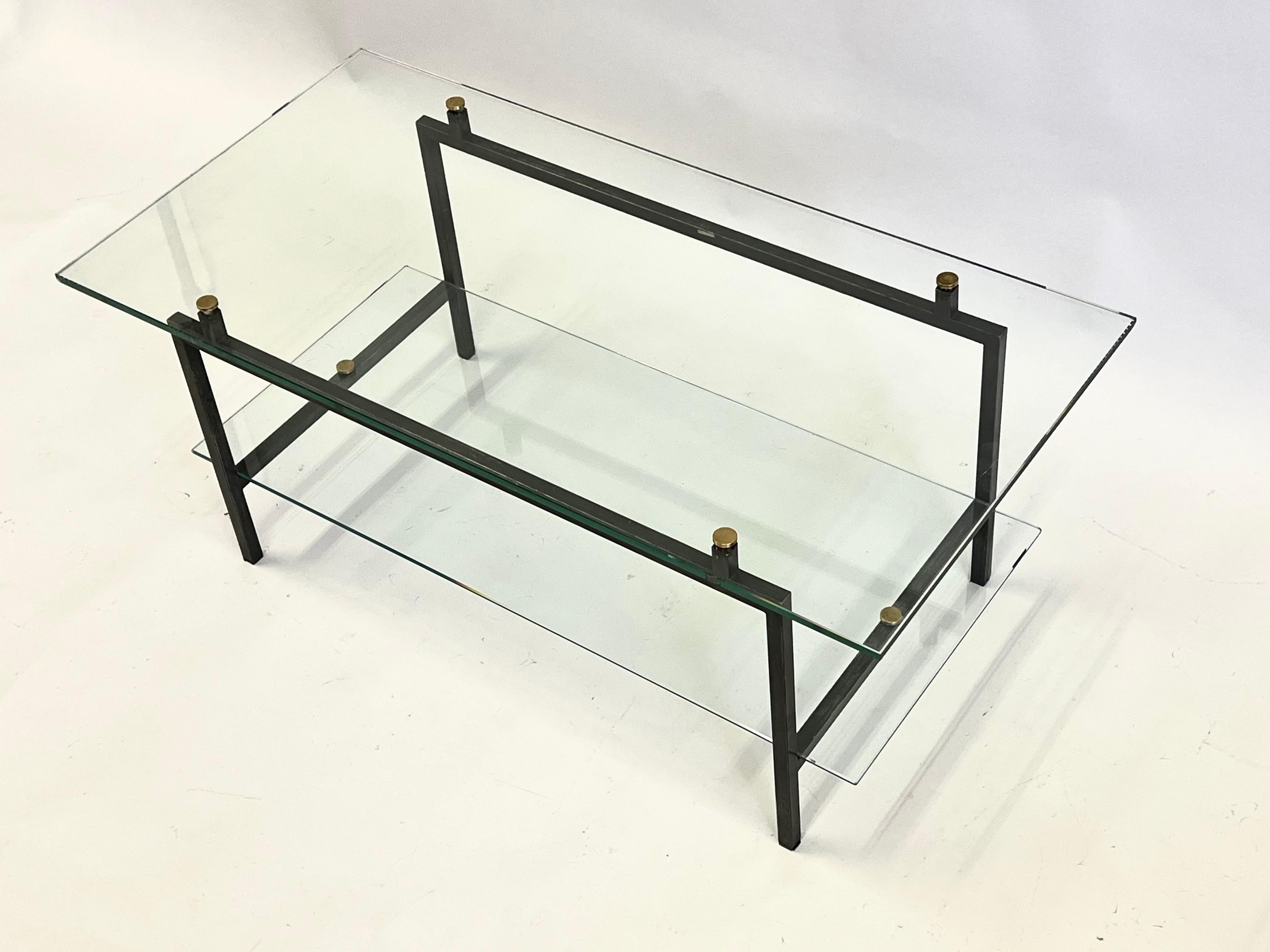 Brass French Mid-Century Double Tier Steel & Glass Cocktail Table by Pierre Guariche For Sale
