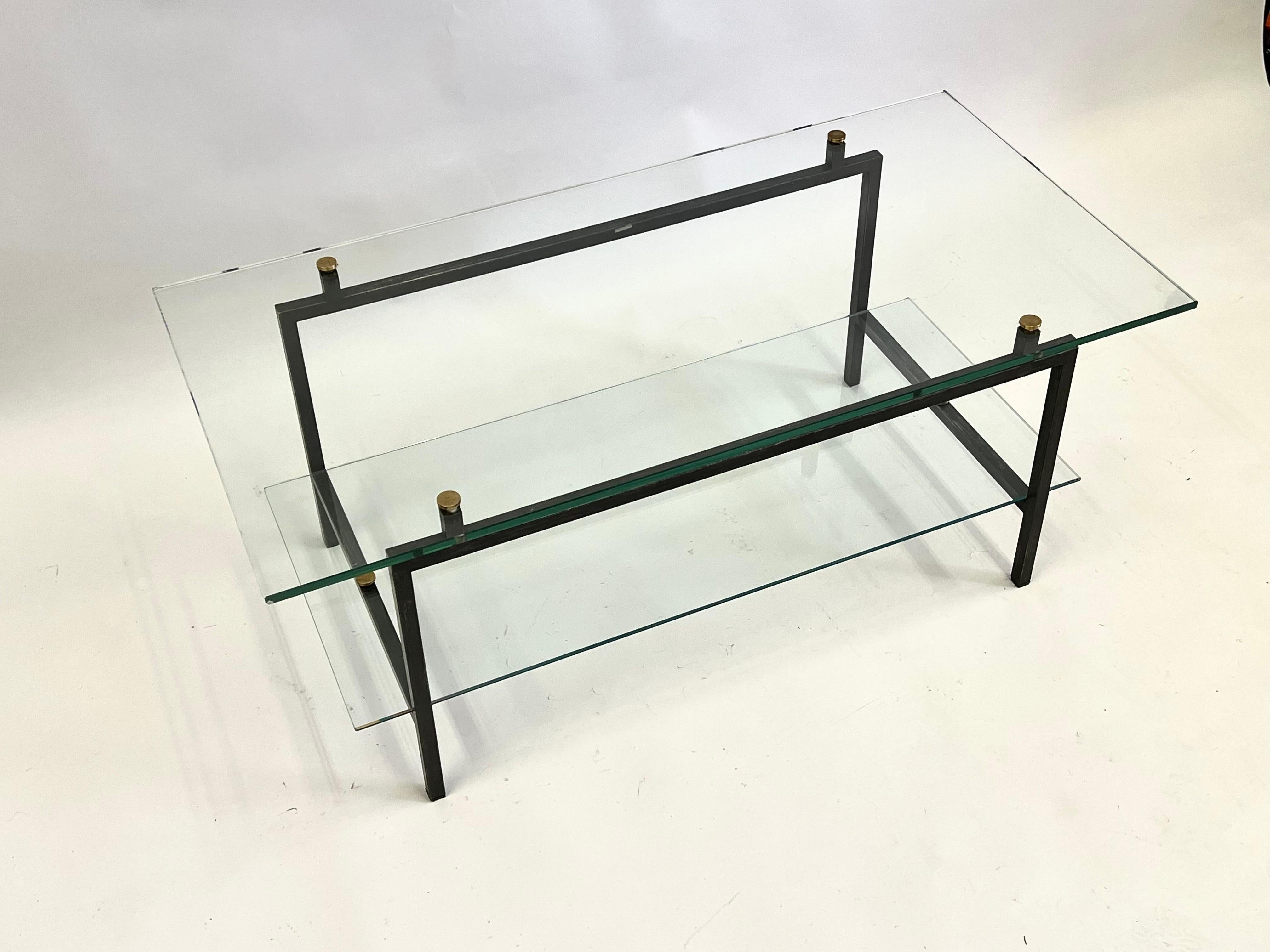 French Mid-Century Double Tier Steel & Glass Cocktail Table by Pierre Guariche For Sale 1