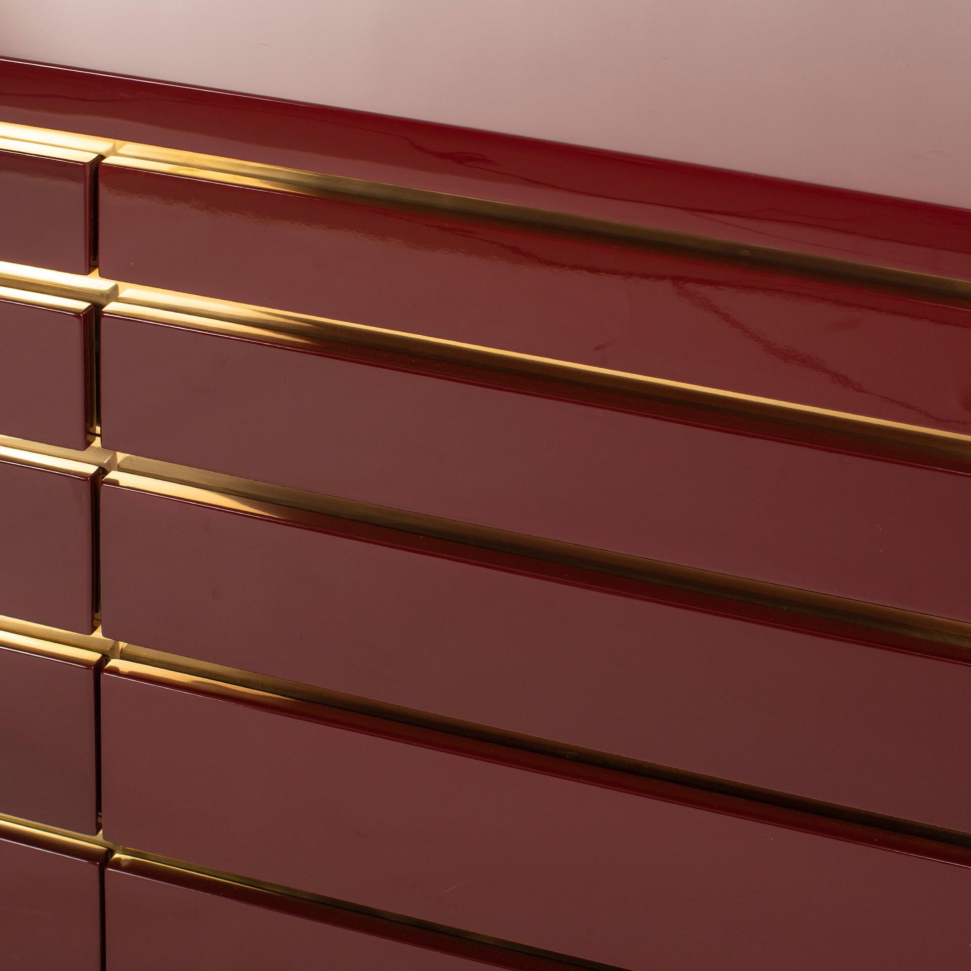Lacquered French Mid-Century Dresser in Burgundy Red and Gold 1970s by Jean Claude Mahey