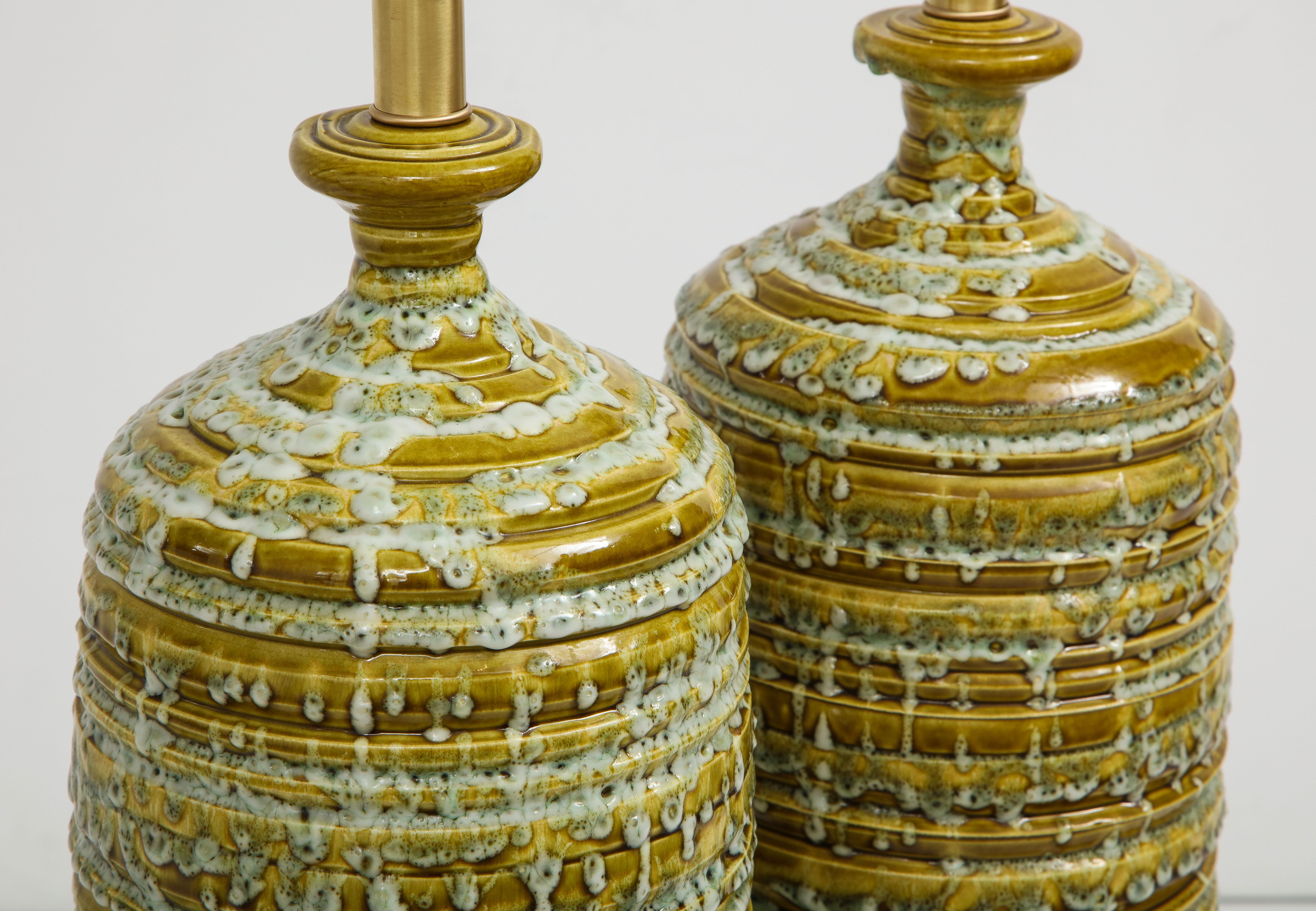 Brass French Midcentury Drip Glaze Ceramic Lamps