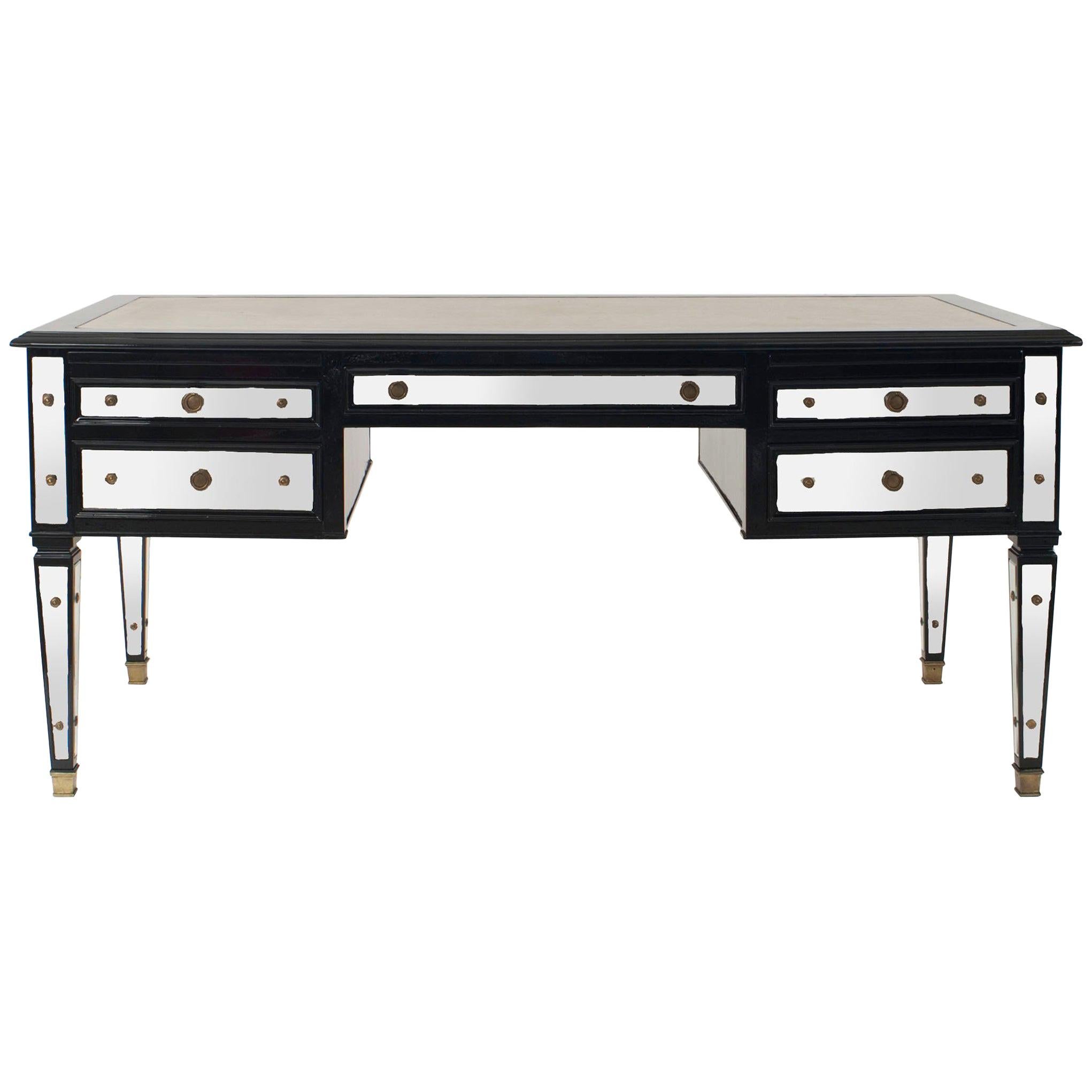 French Mid-Century Ebonized and Mirrored Desk, by Maison Jansen For Sale