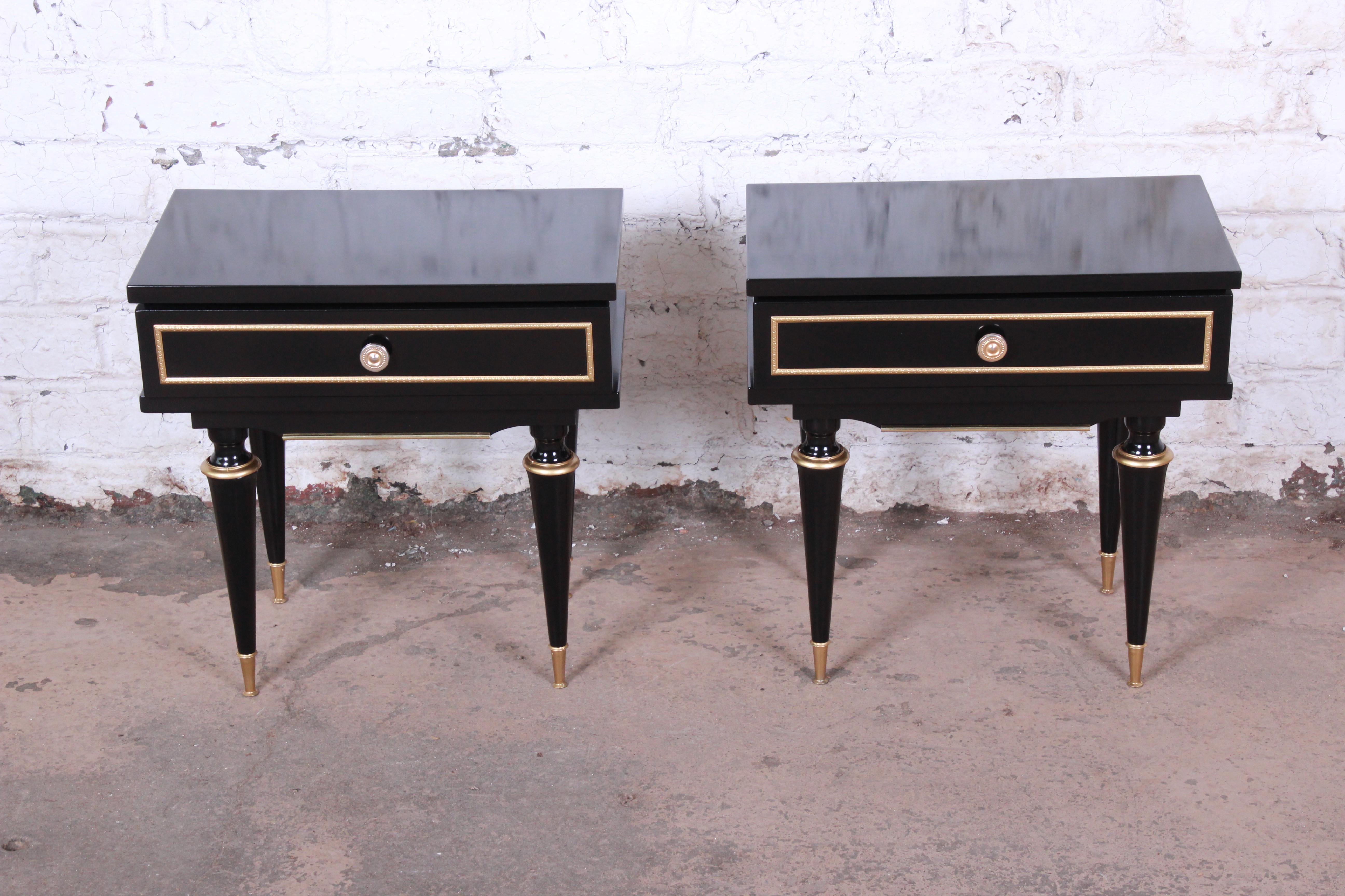 Mid-Century Modern French Midcentury Ebonized Wood and Brass Nightstands or End Tables, Pair