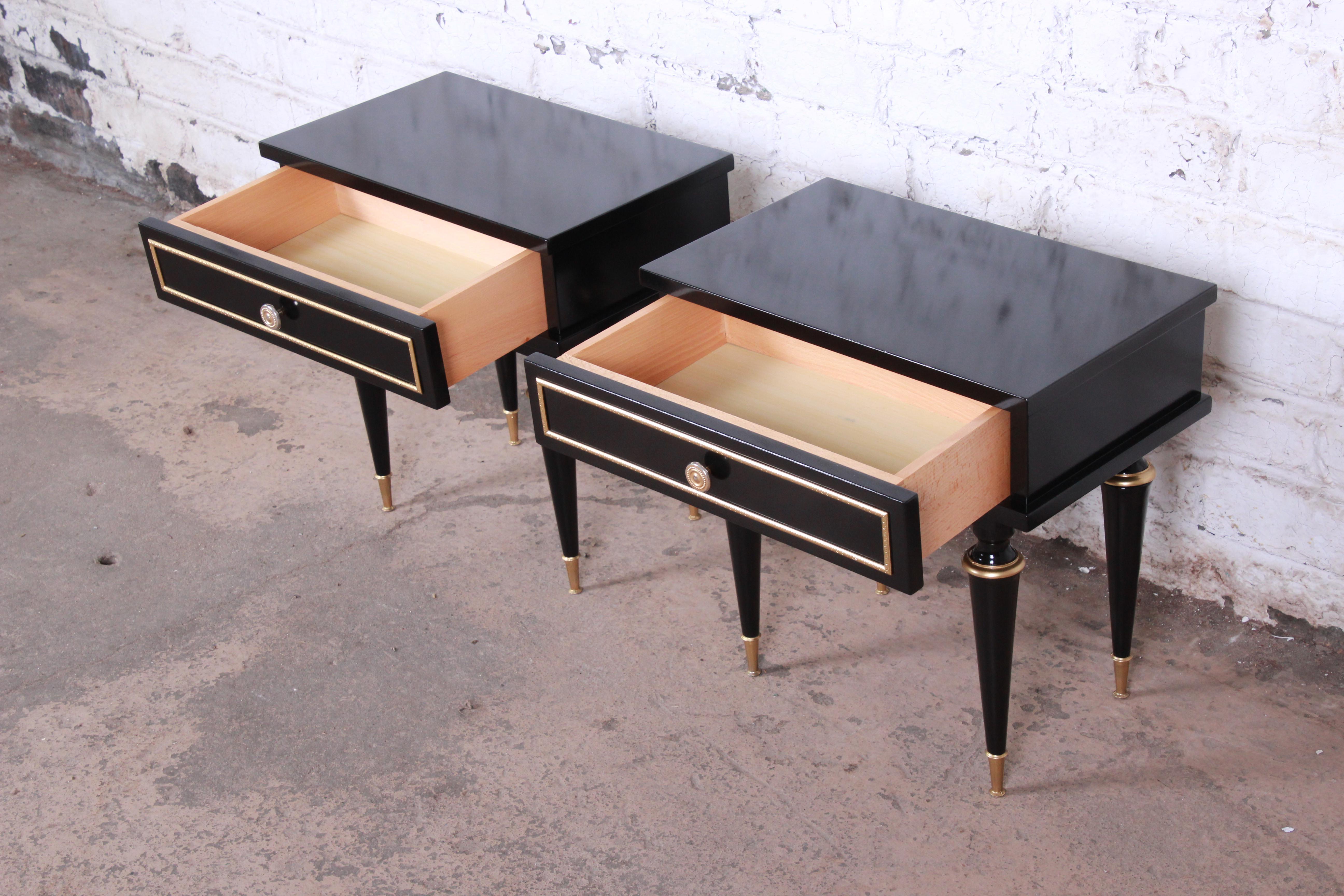 Mid-20th Century French Midcentury Ebonized Wood and Brass Nightstands or End Tables, Pair