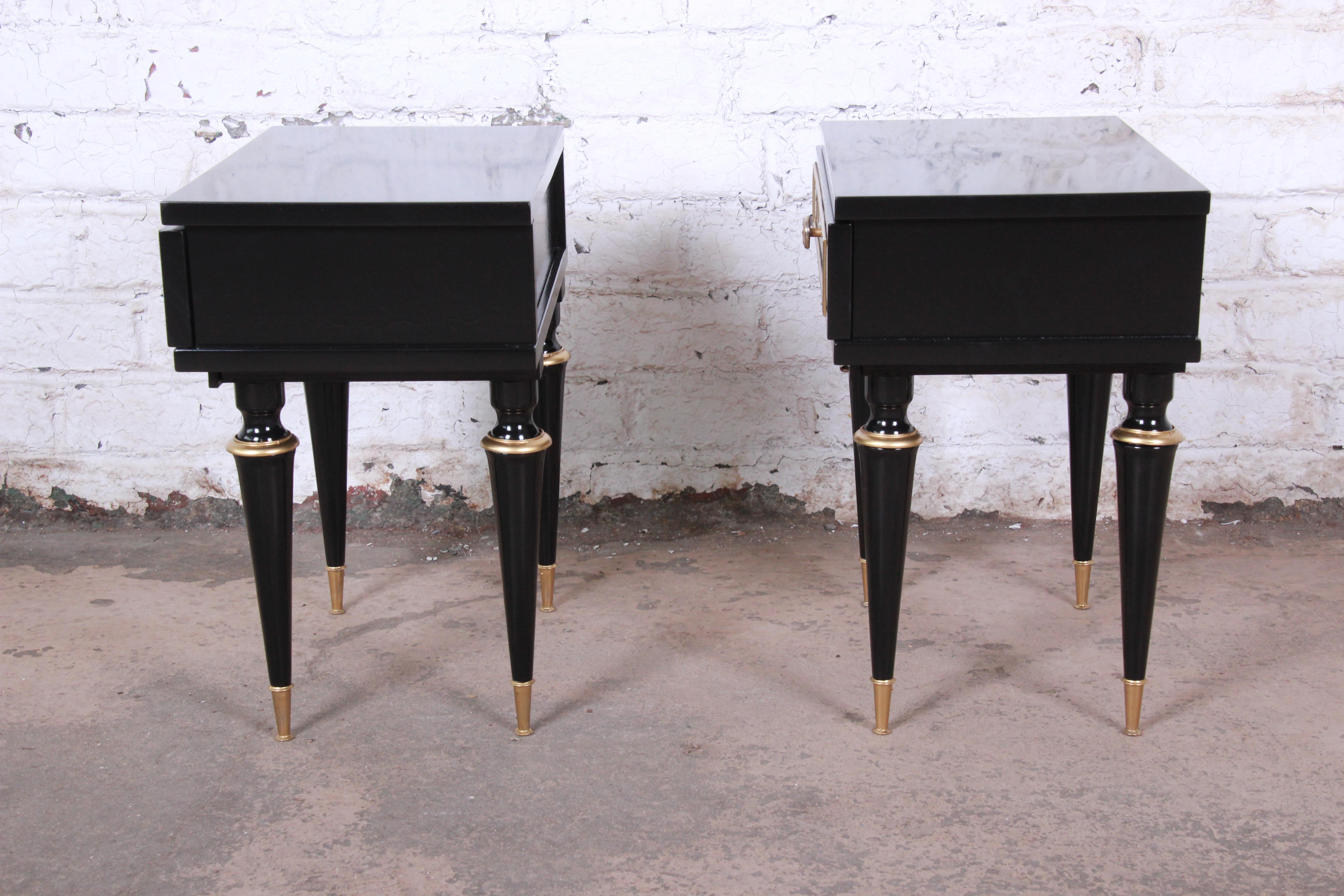 French Midcentury Ebonized Wood and Brass Nightstands or End Tables, Pair 1