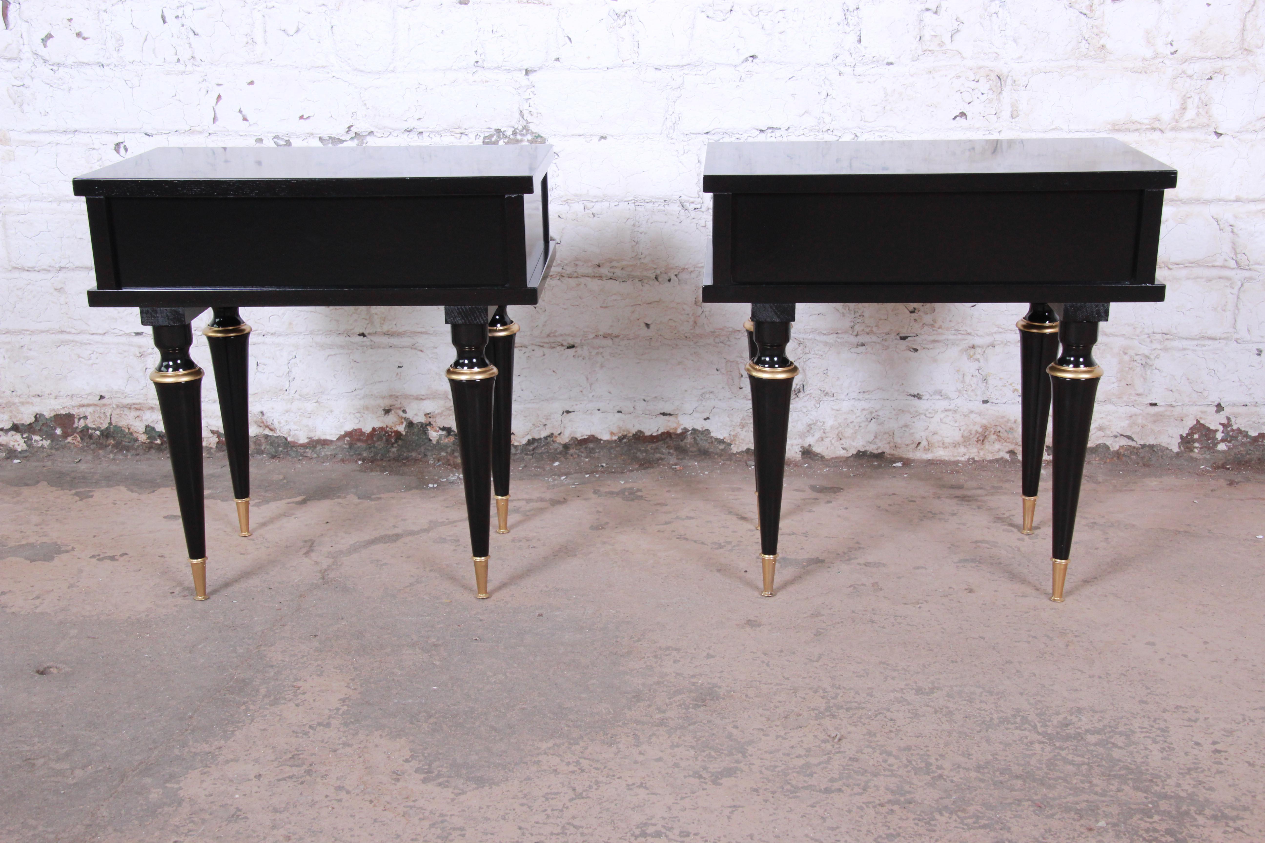 French Midcentury Ebonized Wood and Brass Nightstands or End Tables, Pair 2