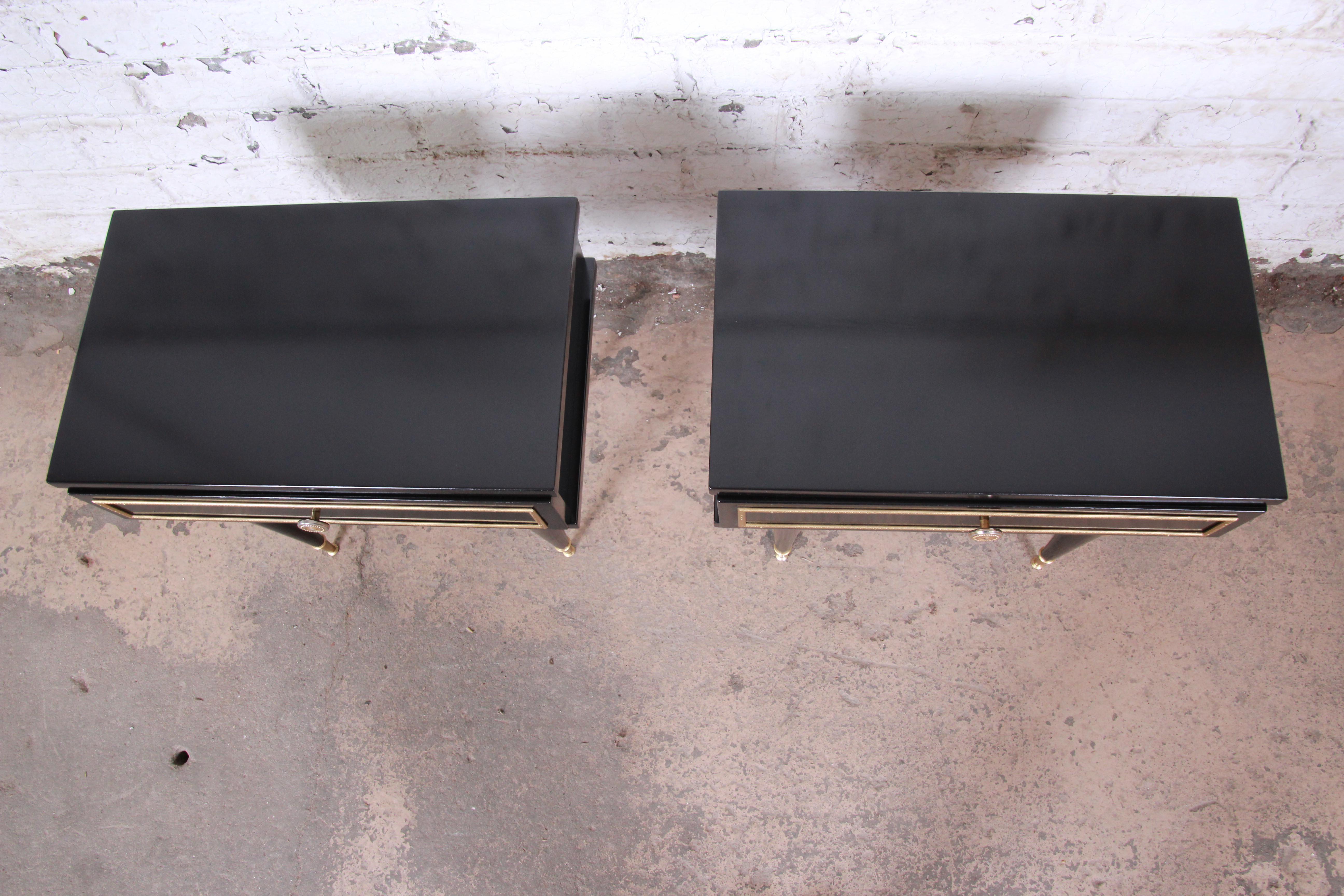 French Midcentury Ebonized Wood and Brass Nightstands or End Tables, Pair 3